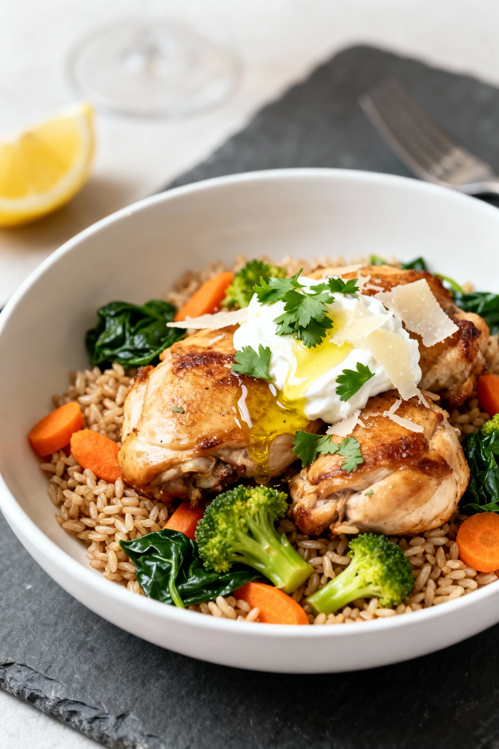Beautifully plated base bowl: juicy chicken thigh pieces over fluffy brown rice with carrots, crisp-tender broccoli and 