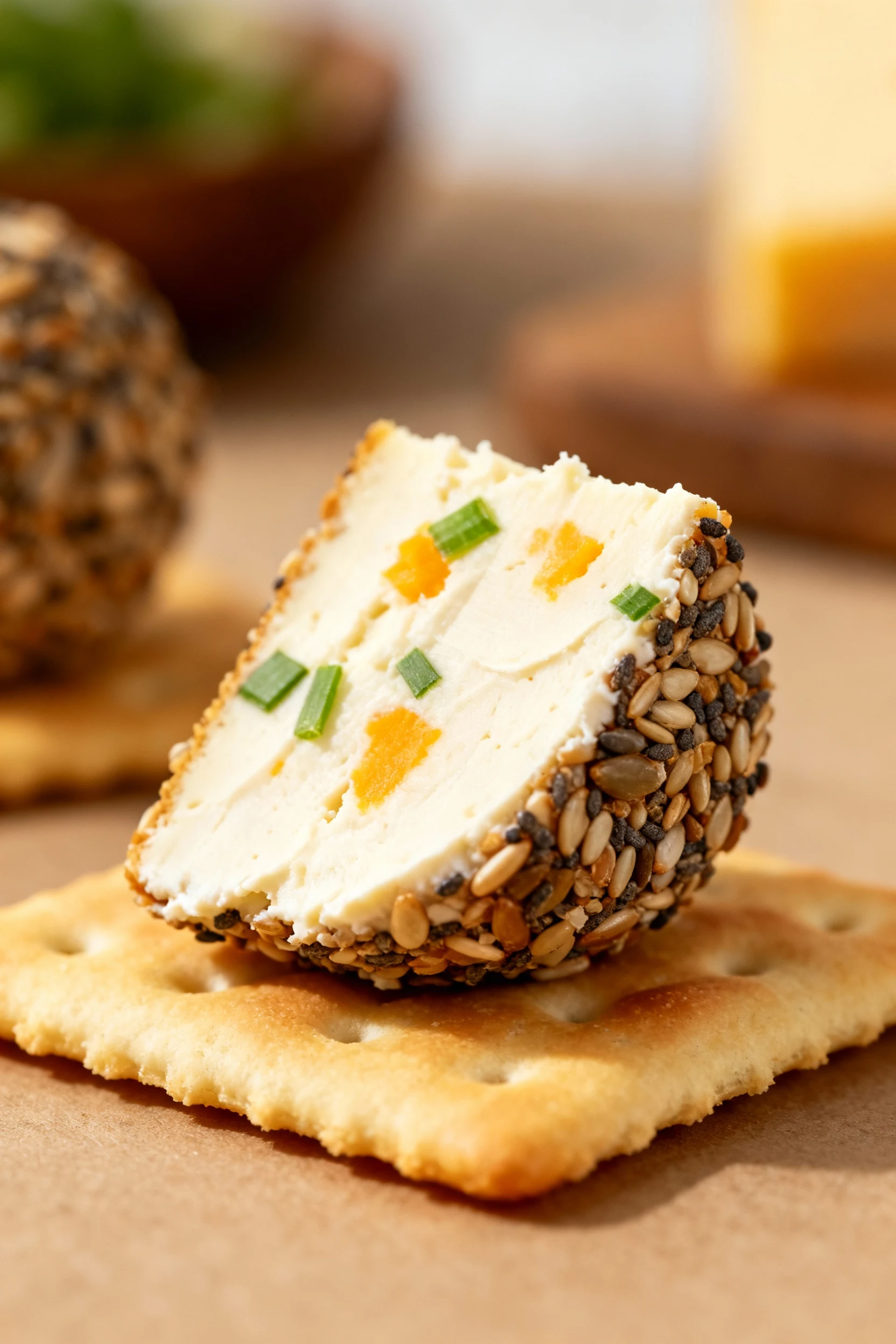 Close-up: clean slice of everything bagel-coated cheeseball on a butter cracker, ultra-smooth cream cheese with sharp ch