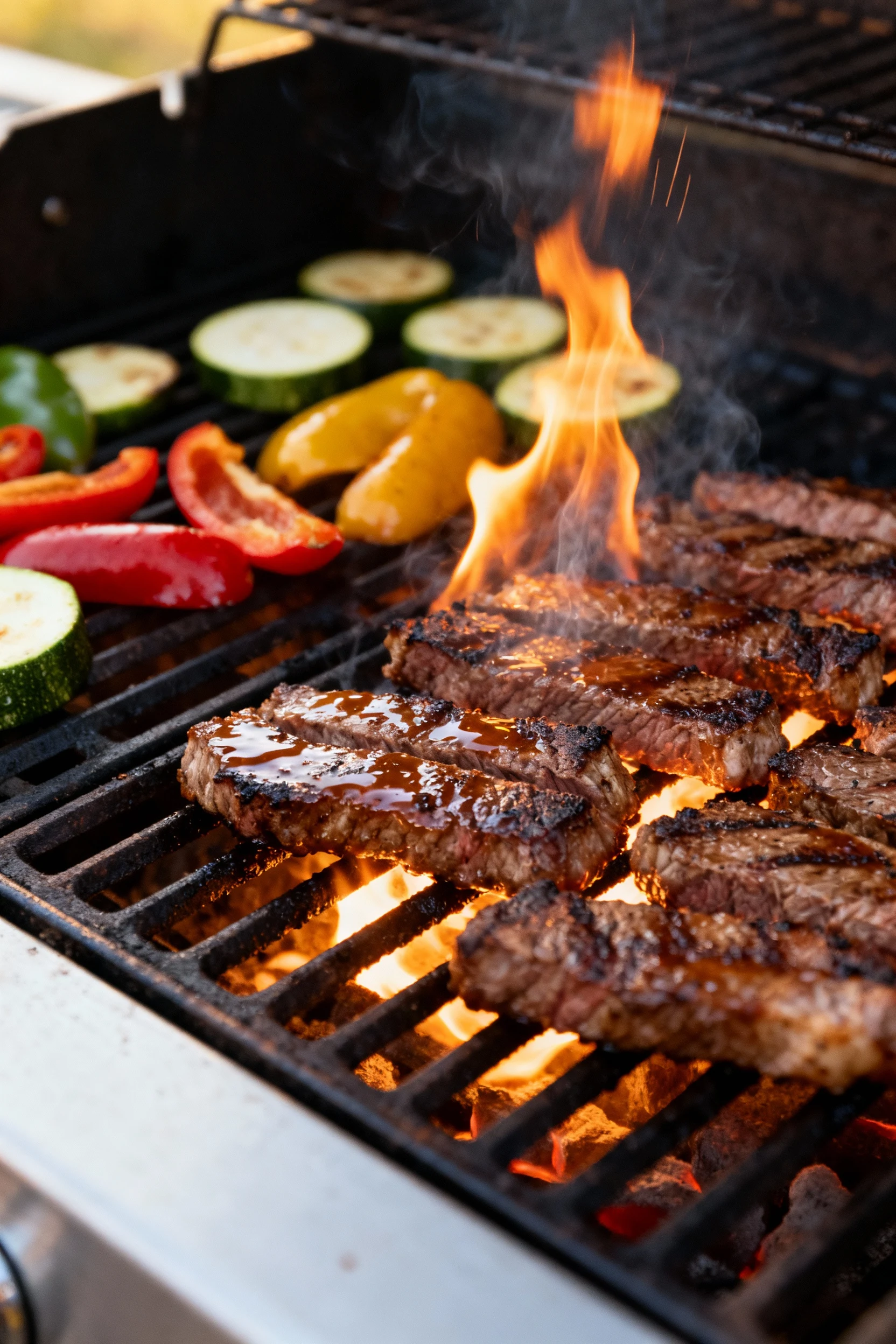 Cooking process: steak strips searing over the hot zone while peppers and zucchini finish on the medium zone, light glaz