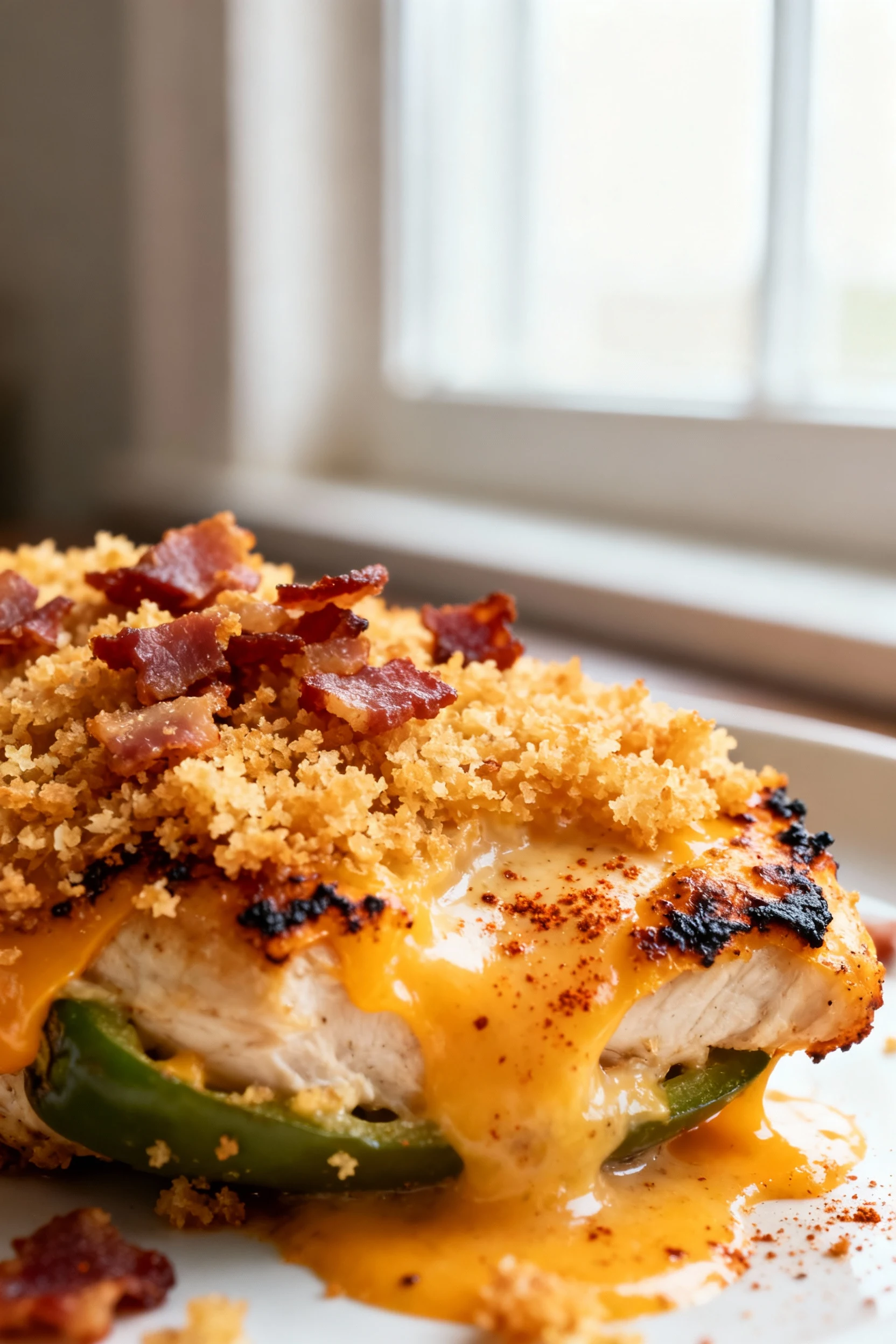 Extreme close-up of broiled panko-topped jalapeño popper chicken with crisp bacon crumbles, golden crunchy crumbs, charr