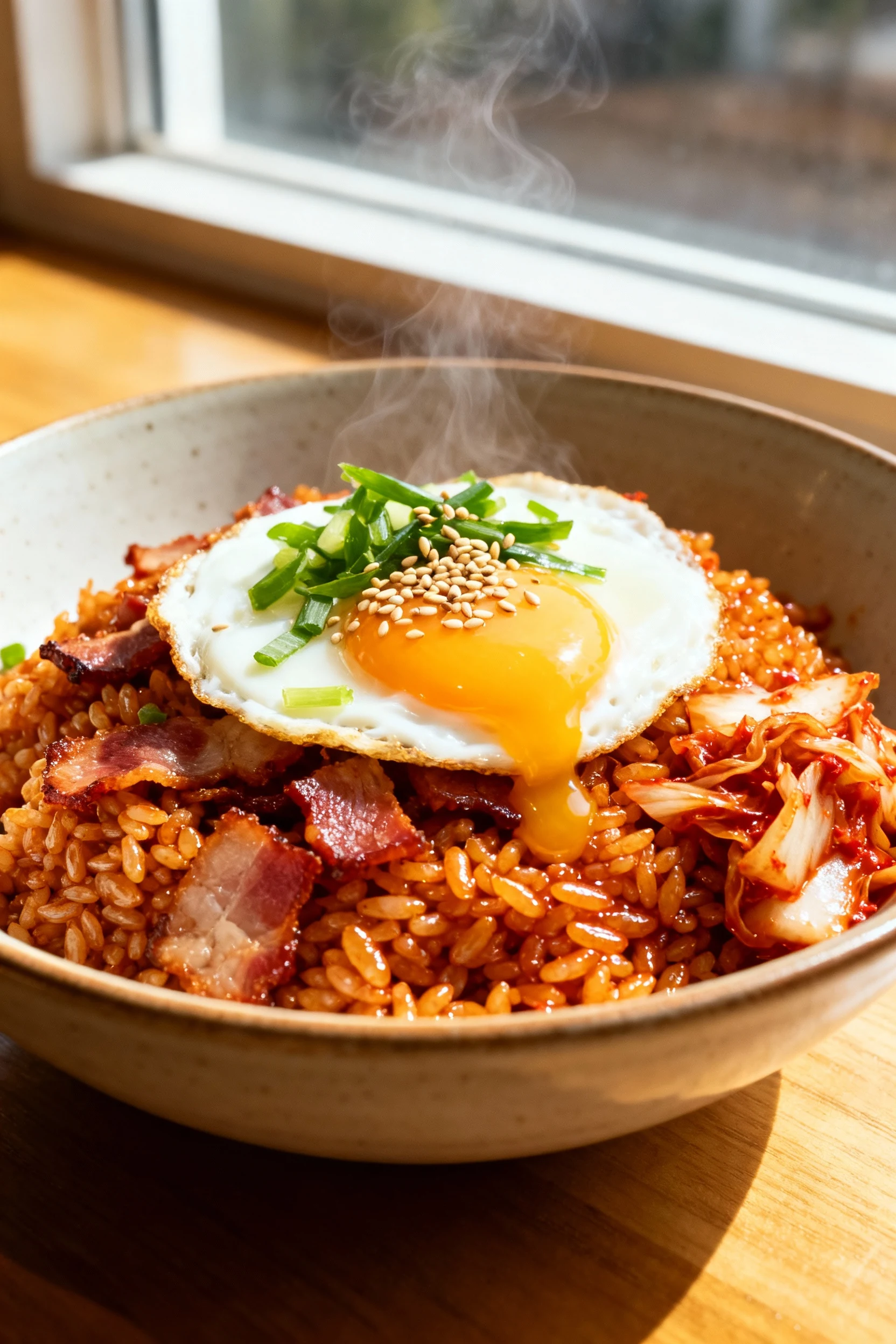 Final dish: Kimchi Bacon Fried Rice in a shallow ceramic bowl—separated glossy grains coated with gochujang, studded wit