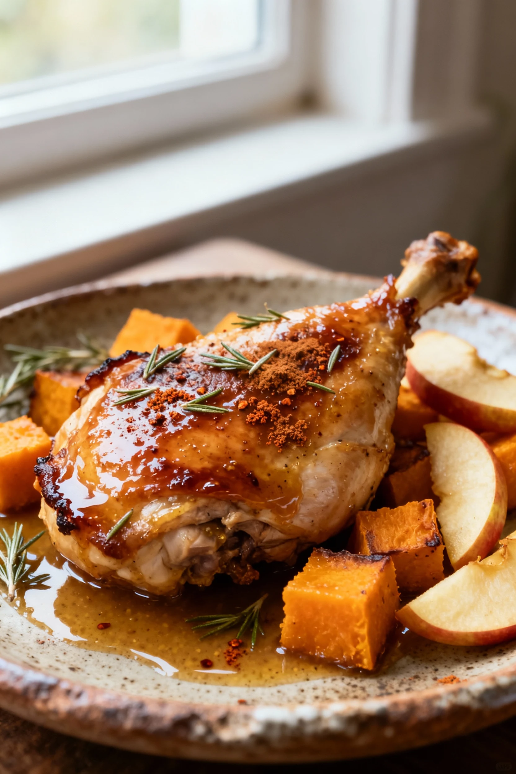 Close-up of seared chicken thigh lacquered with maple-Dijon cider sauce; caramelized edges, thyme and smoked paprika fle
