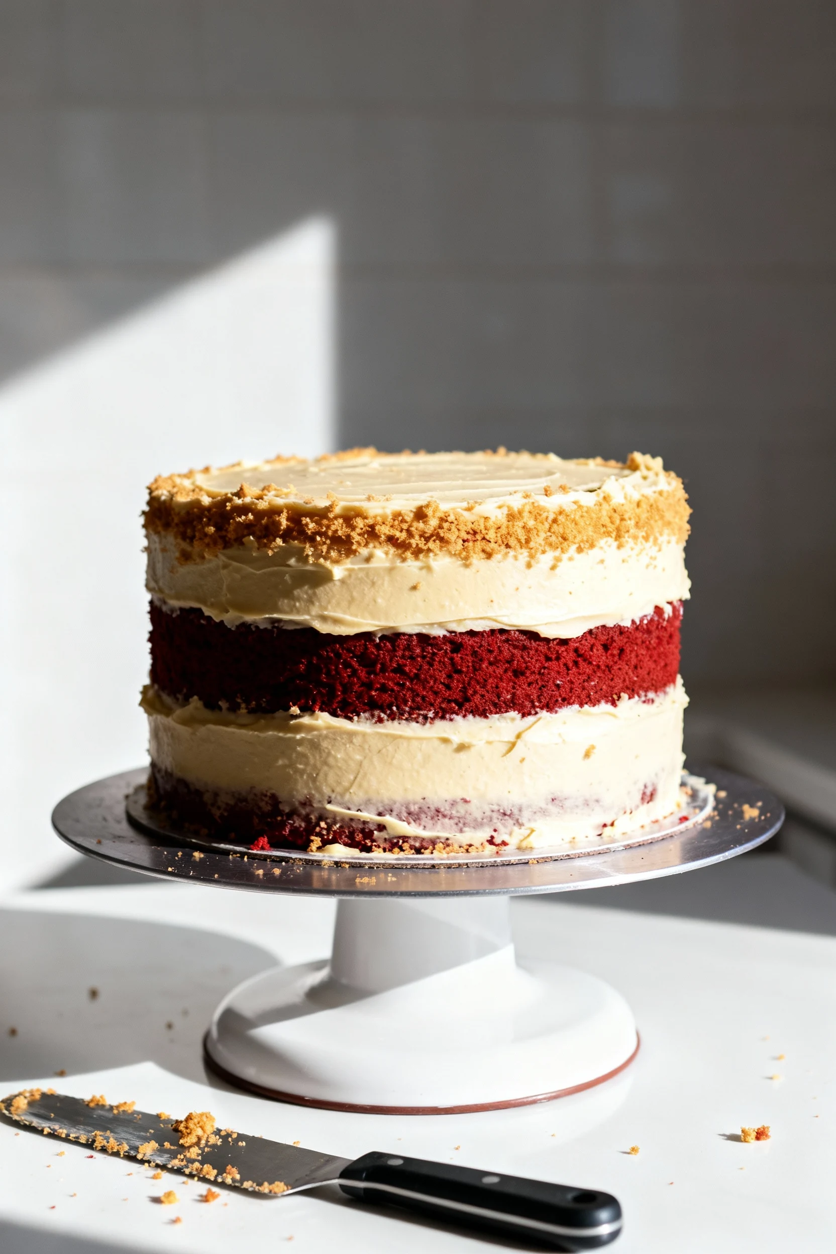 Process shot: cooled two-layer Red Velvet Luxe on a turntable, thin cream cheese crumb coat catching crumbs, offset spat