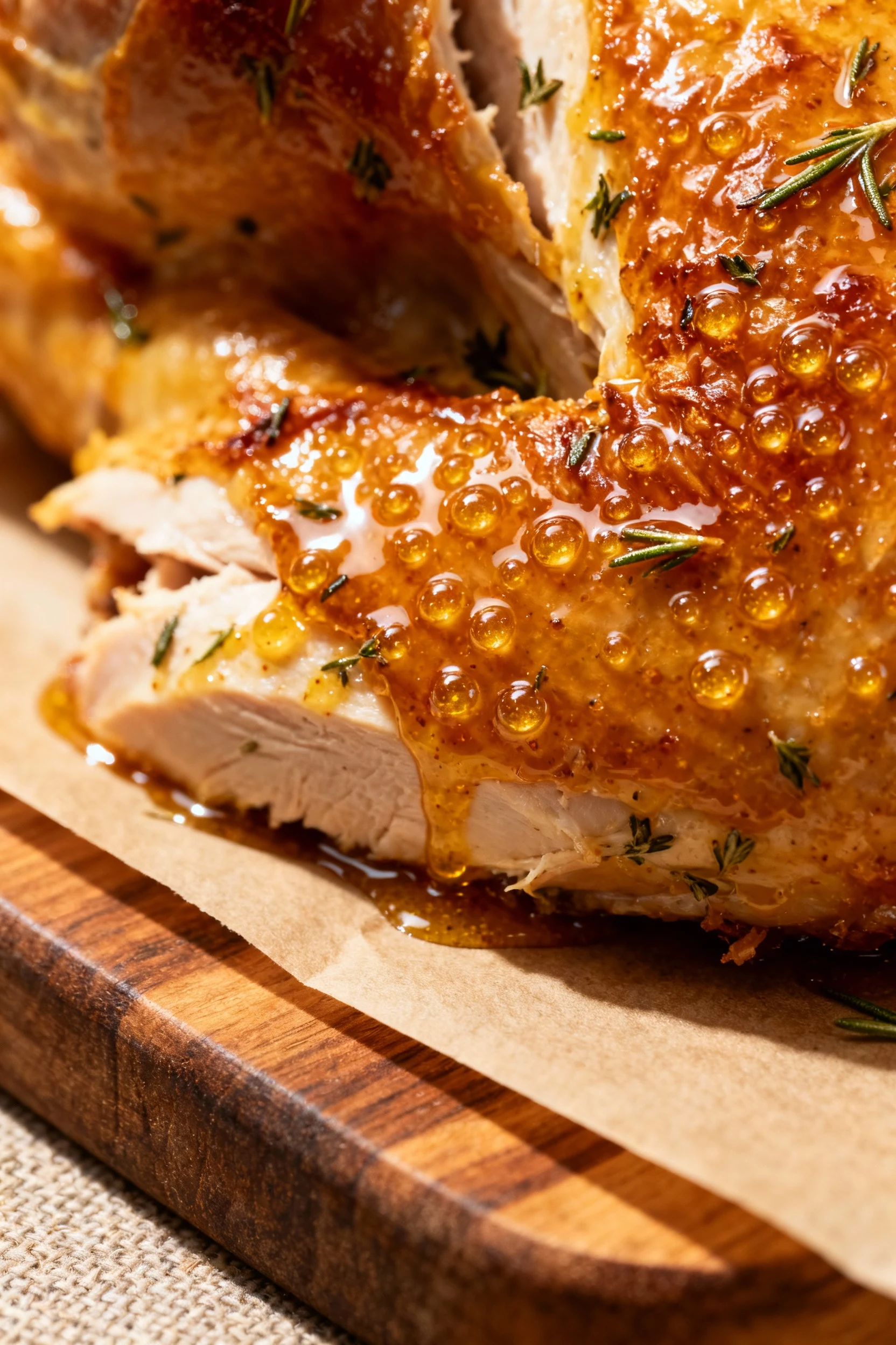 Close-up detail of golden, crispy turkey skin lacquered with maple-Dijon glaze, tiny glaze beads and herb flecks (rosema