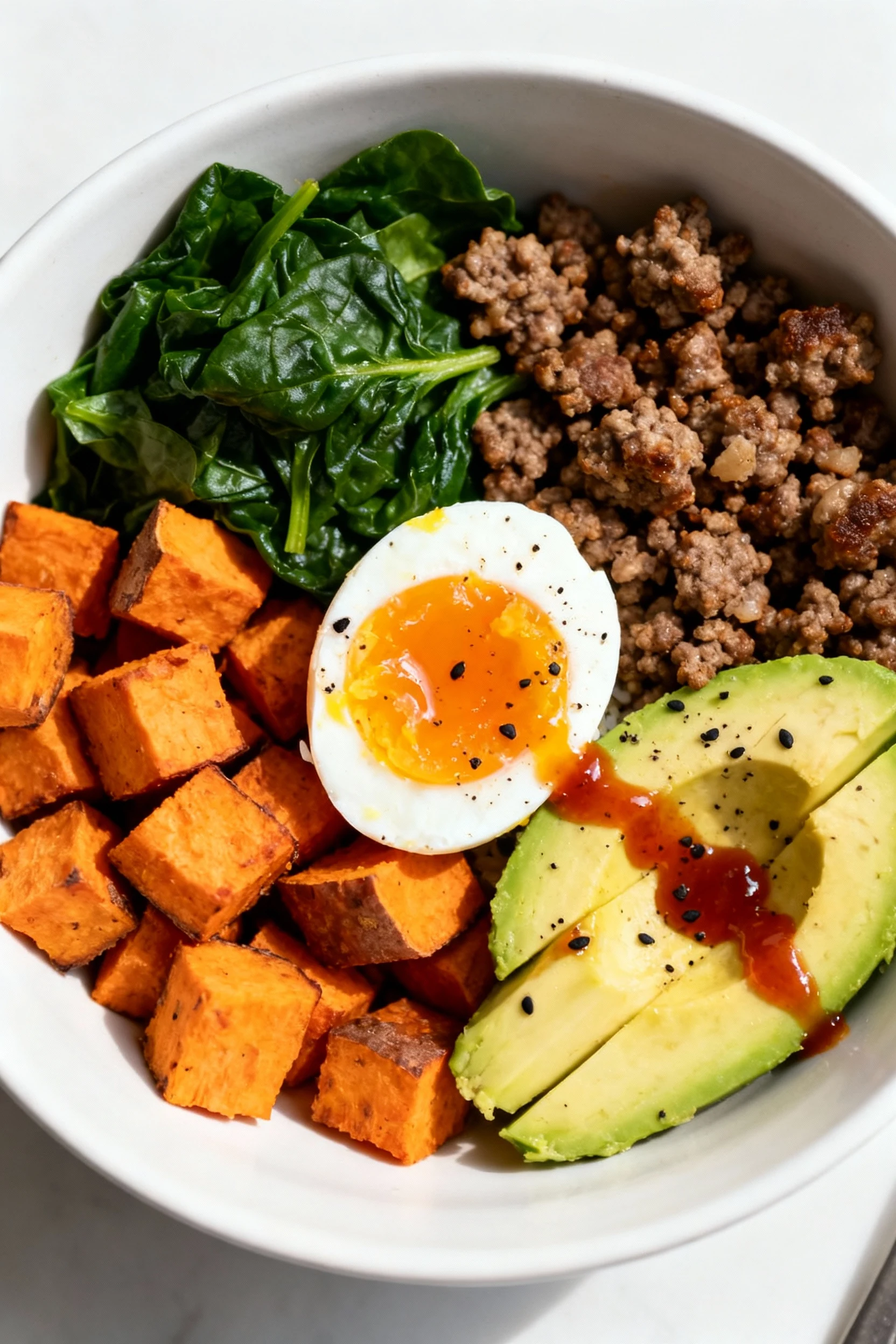 Overhead shot of a power breakfast bowl: sausage crumbles, roasted sweet potato cubes, sautéed spinach, soft-boiled egg 