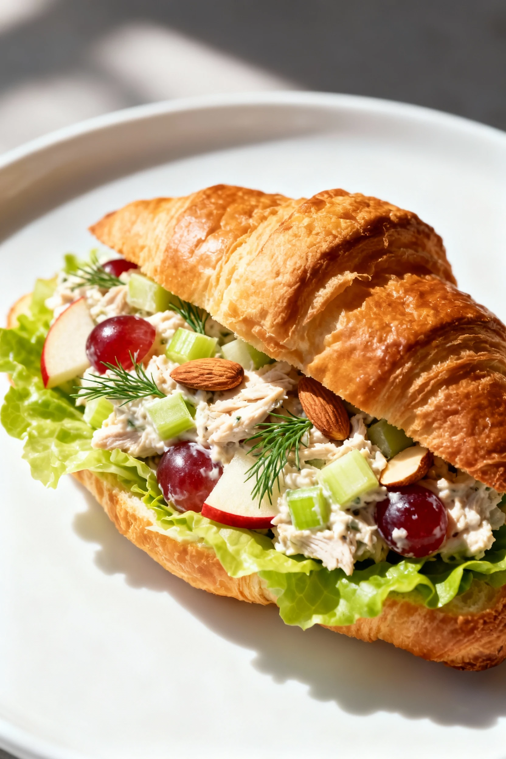 Final dish presentation: crunchy chicken salad croissant sandwich—creamy chicken with diced celery, apple (or red grapes