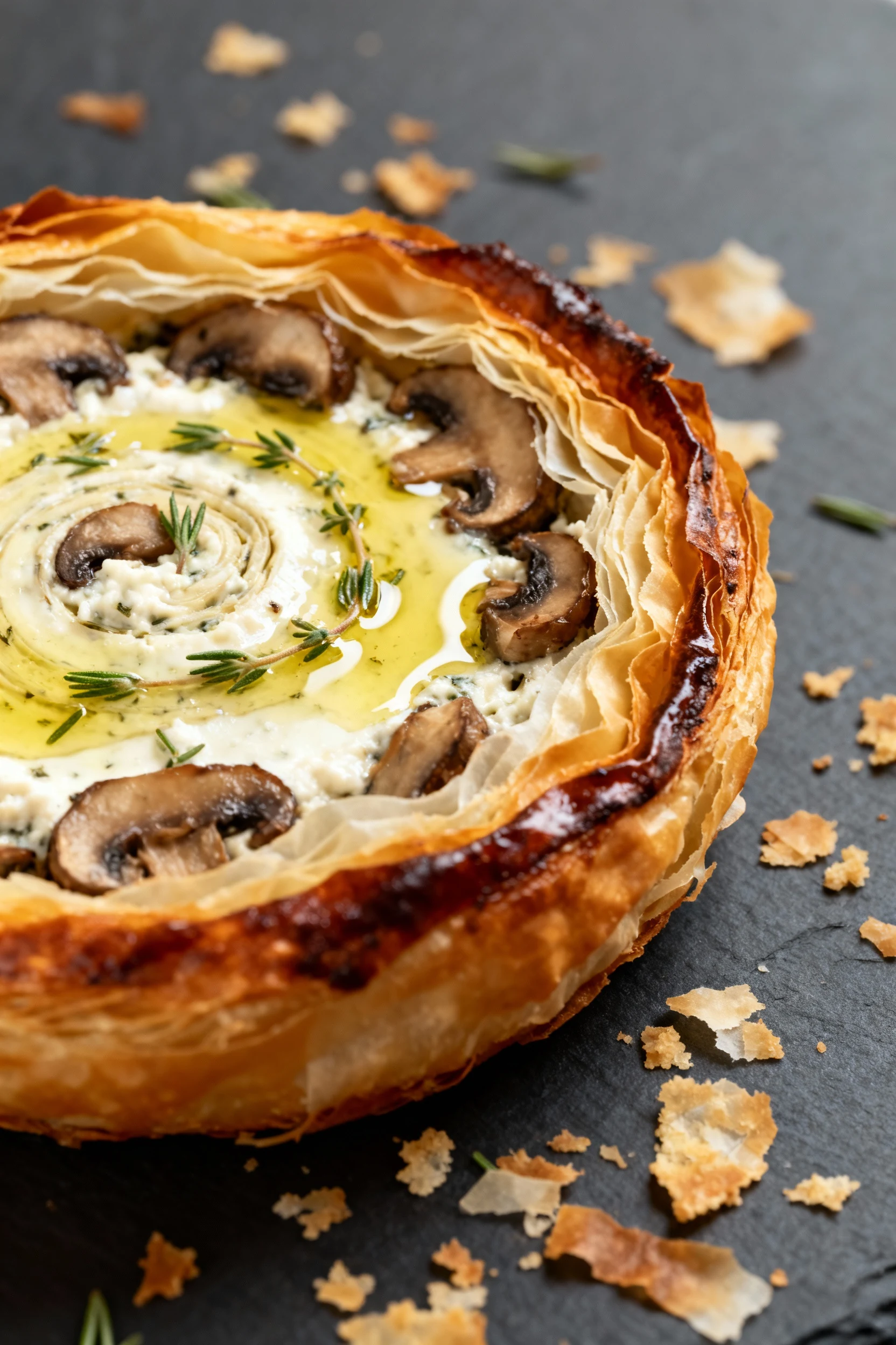 Ultra close-up of a mushroom–ricotta phyllo spiral cut open, showing shattering layers and creamy ricotta-mushroom filli