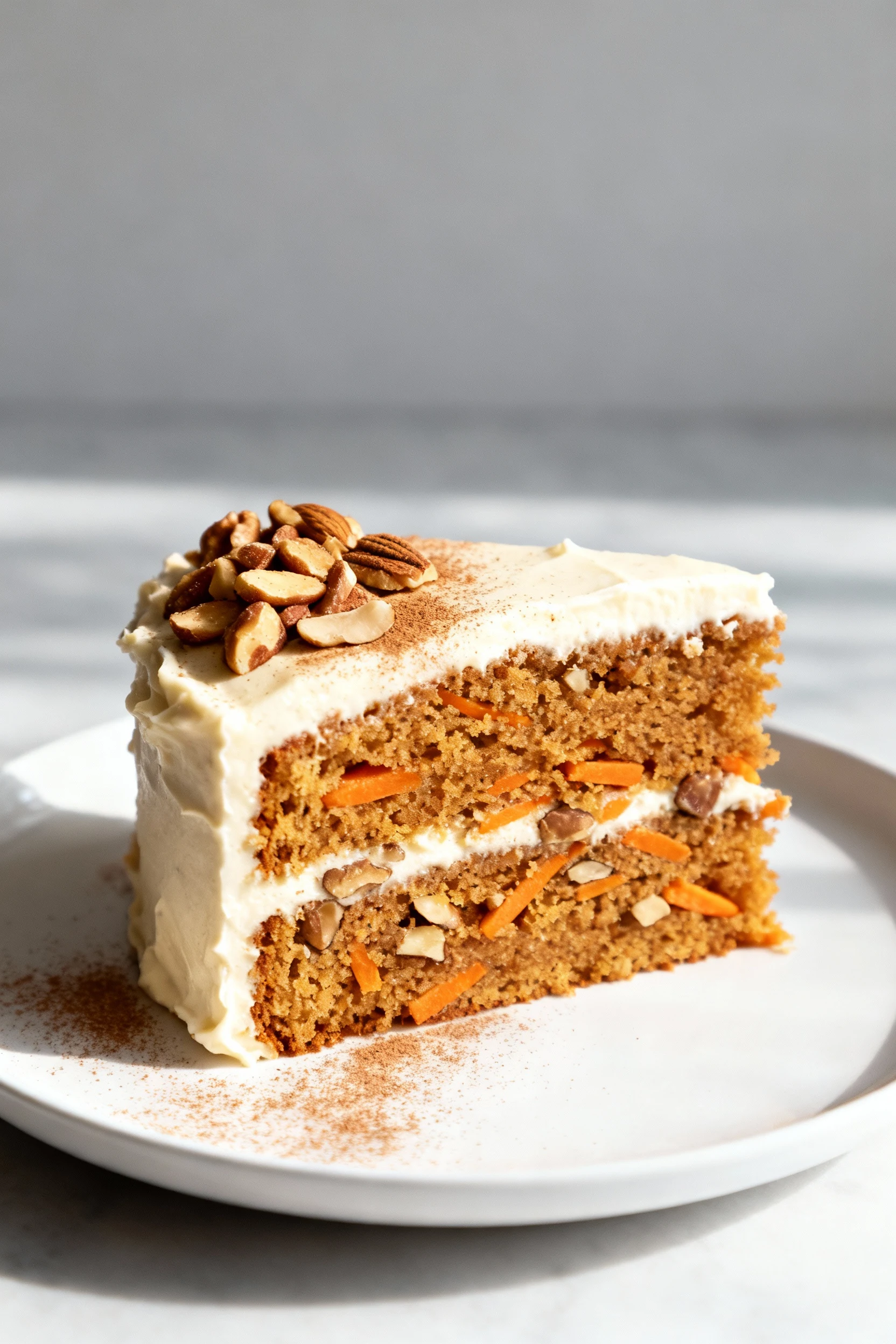 Plated slice of carrot spice layer cake with cream cheese frosting; tender crumb with visible carrot flecks and warm spi