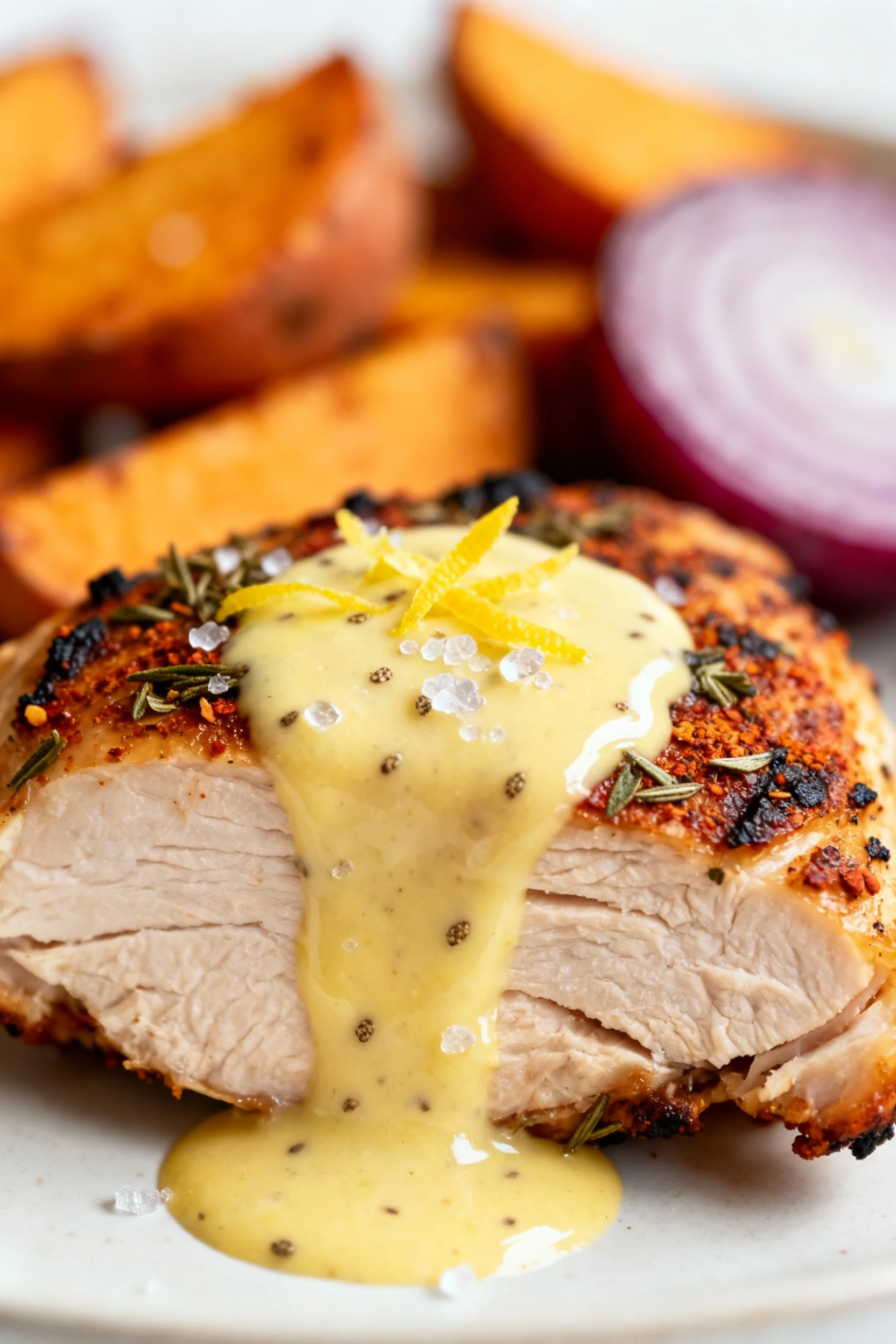 Extreme close-up of juicy chicken thigh slice with smoky paprika–oregano crust and charred edges, glossy lemon–tahini dr