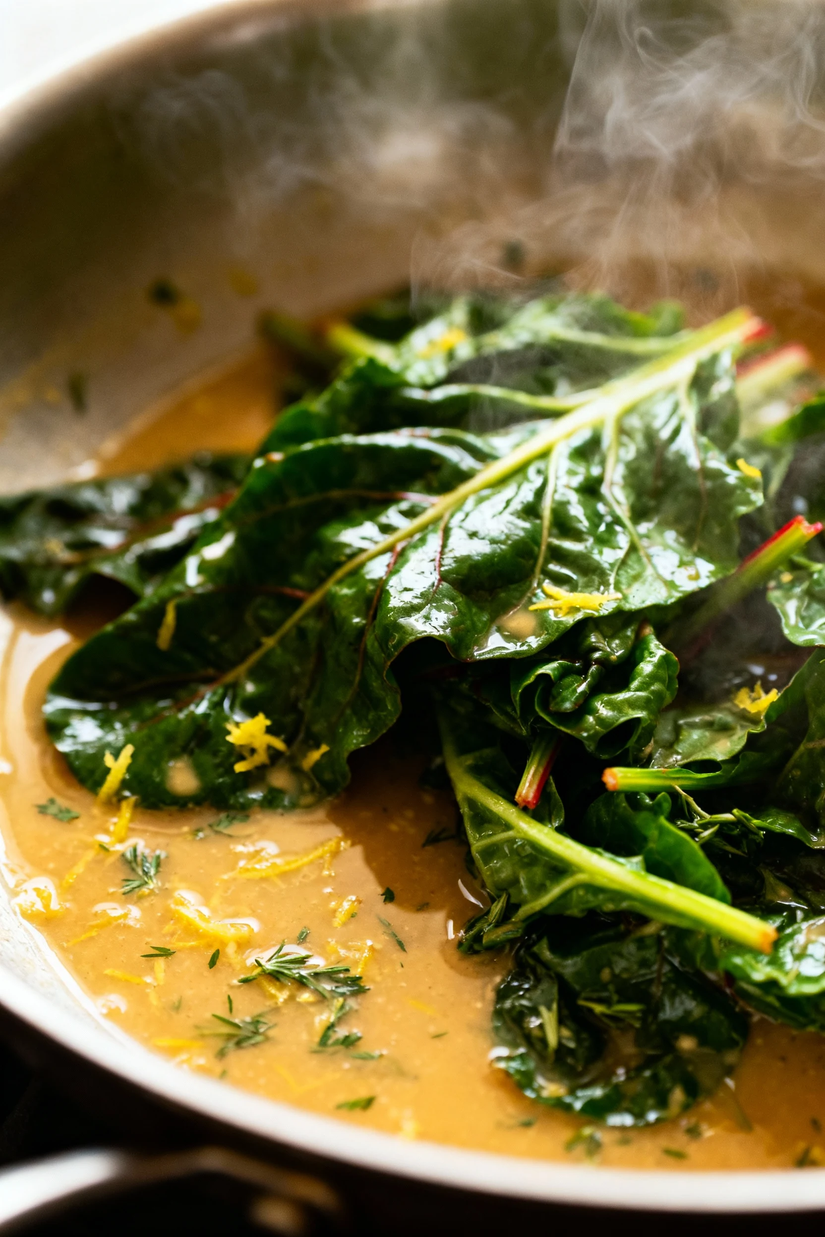 Cooking process: Swiss chard leaves just wilted and glossy, being tossed through a lemon-zest and miso-broth reduction w