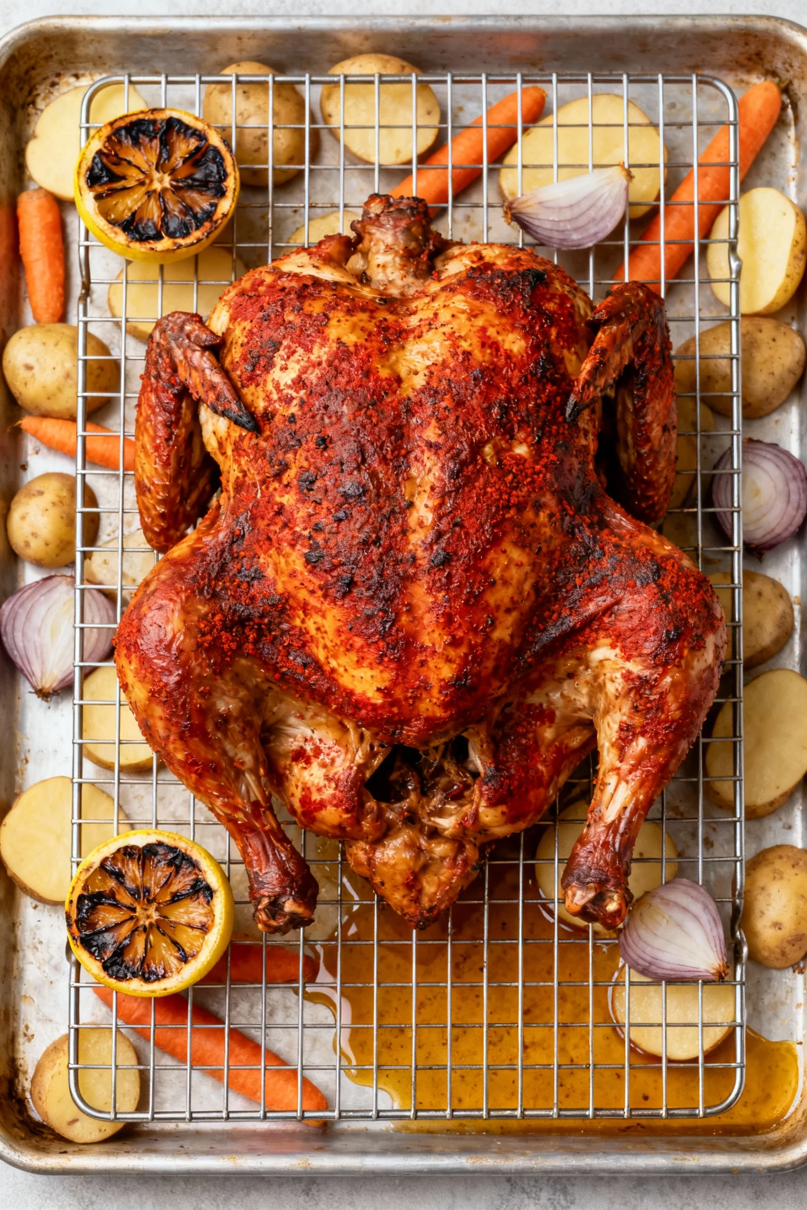 Overhead shot of smoky paprika spatchcocked roast chicken on a wire rack over a thin layer of potatoes, carrots, and sha