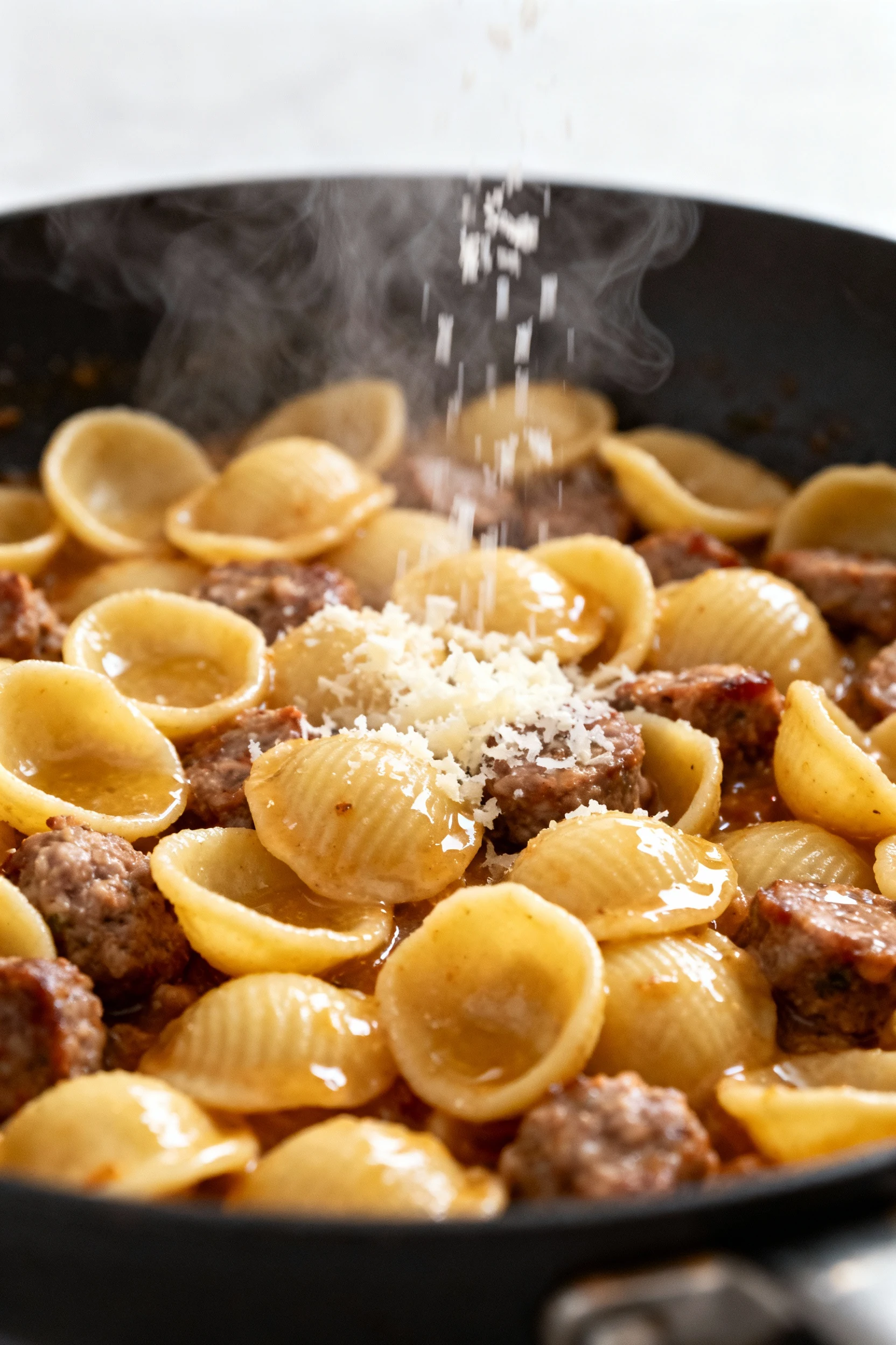 Cooking process: orecchiette tossed in the pan with sausage, reserved pasta water and grated Parmesan raining in to form
