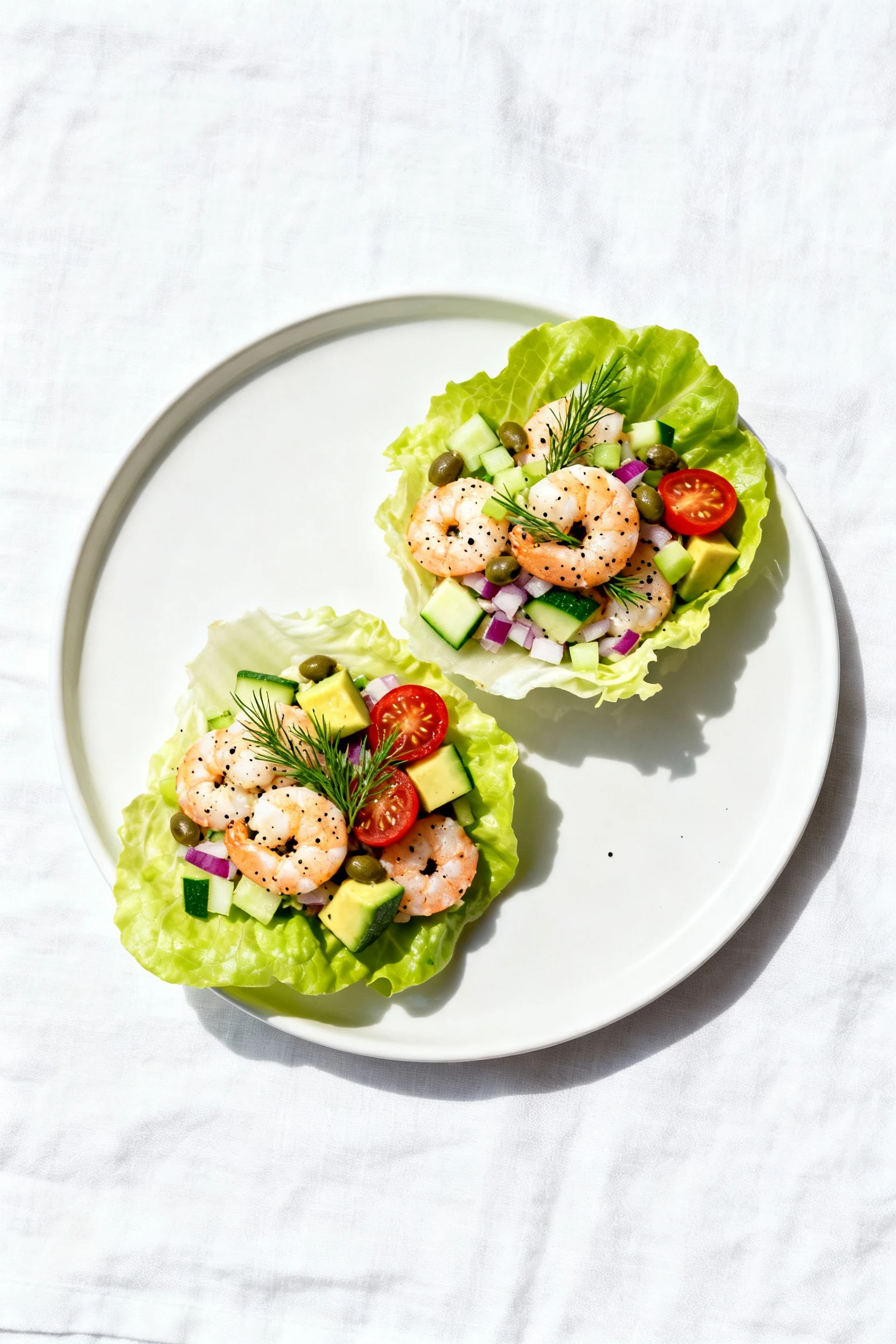 2. Overhead shot of lemon-dill shrimp salad spooned into crisp butter lettuce cups, showing diced Persian cucumber, fine