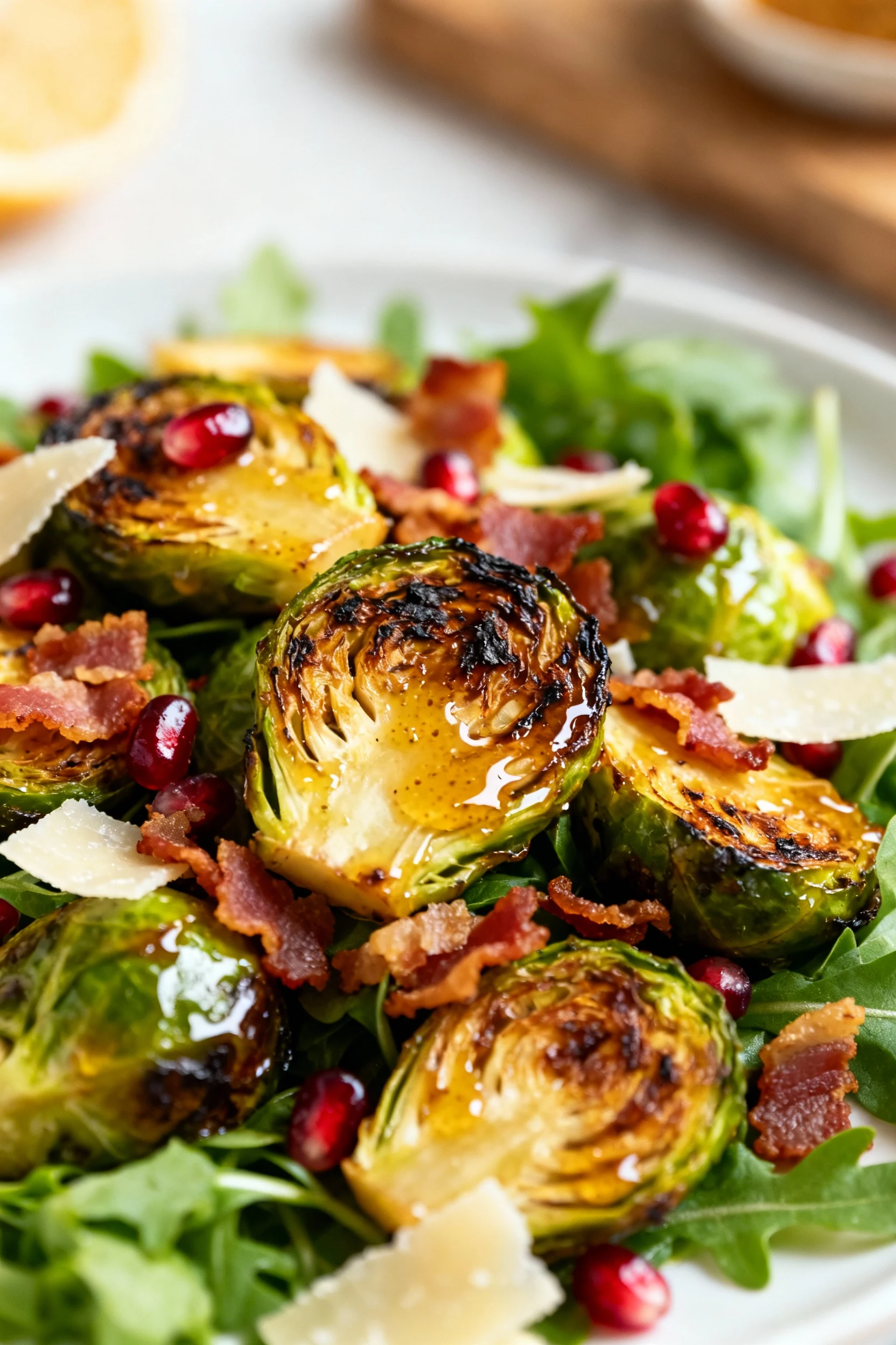 Close-up detail of warm maple-roasted Brussels sprouts tossed with baby greens, crispy bacon, pomegranate gems, and shav