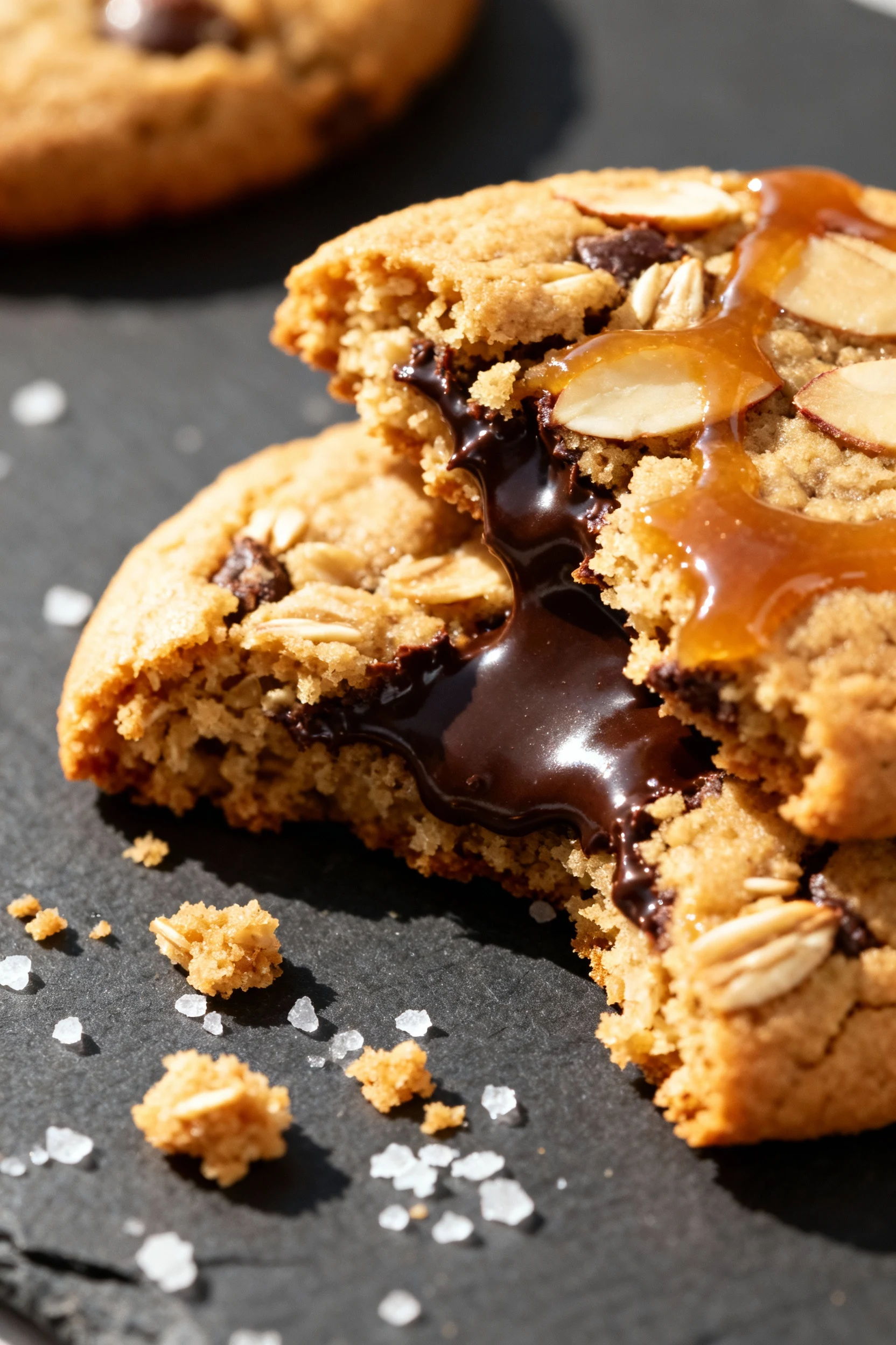 Macro close-up of a just-broken cookie revealing chewy oat–almond crumb and gooey melted dark chocolate; glossy maple-ap