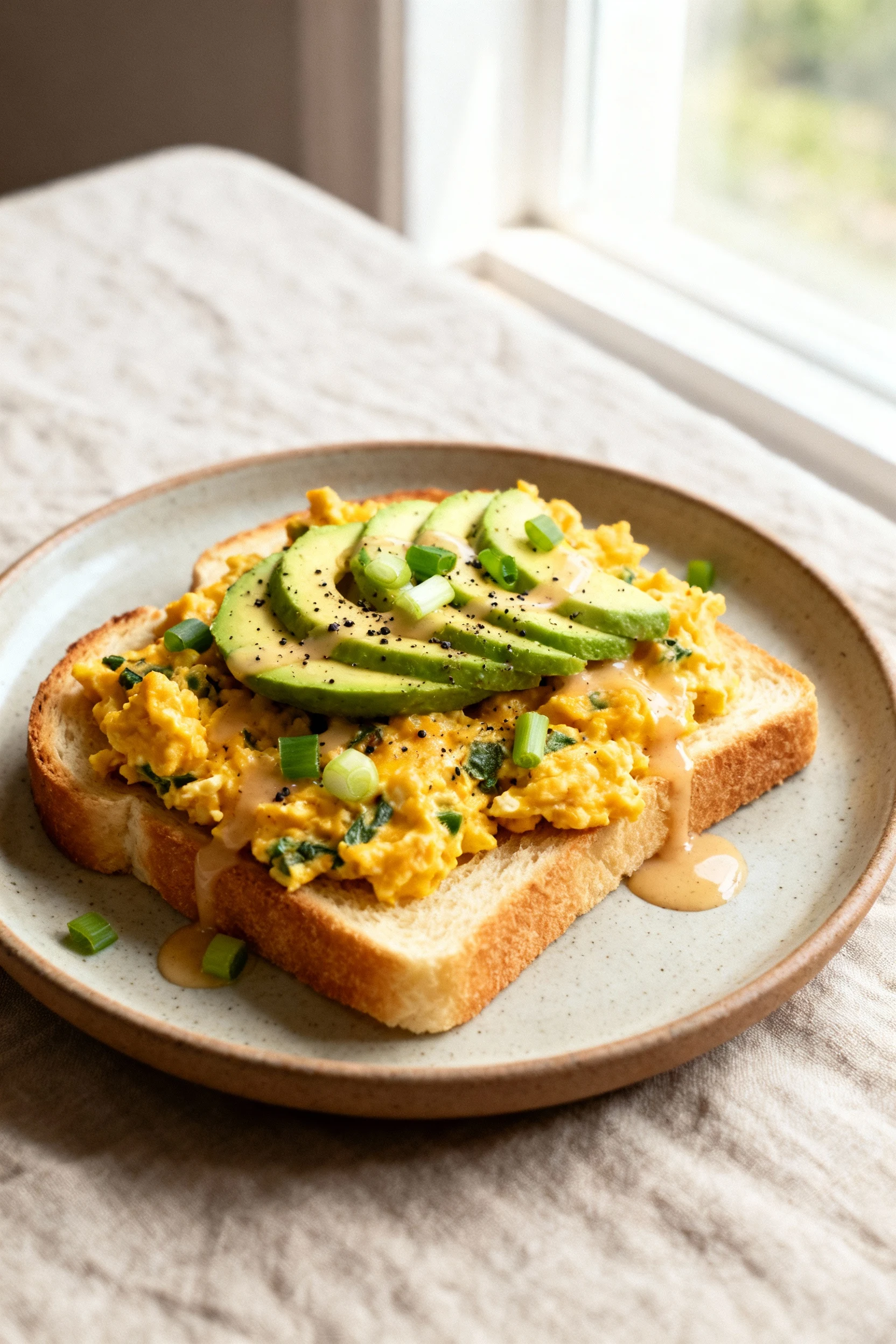 Beautifully plated creamy veggie-and-cheddar scramble over buttery toast, topped with avocado slices, chopped scallions,