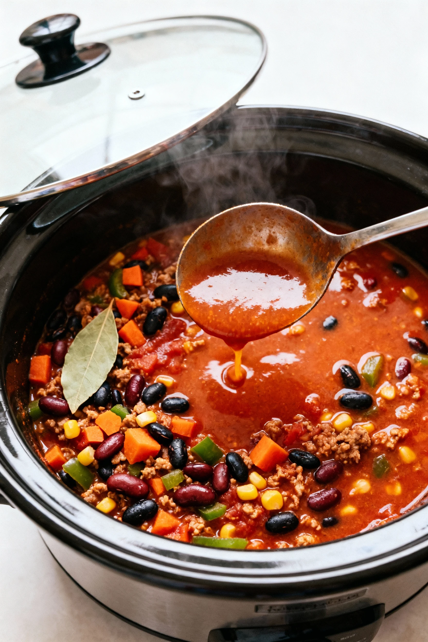 Cooking process overhead: slow cooker turkey chili mid-simmer—thick tomato base with black and kidney beans, diced bell 