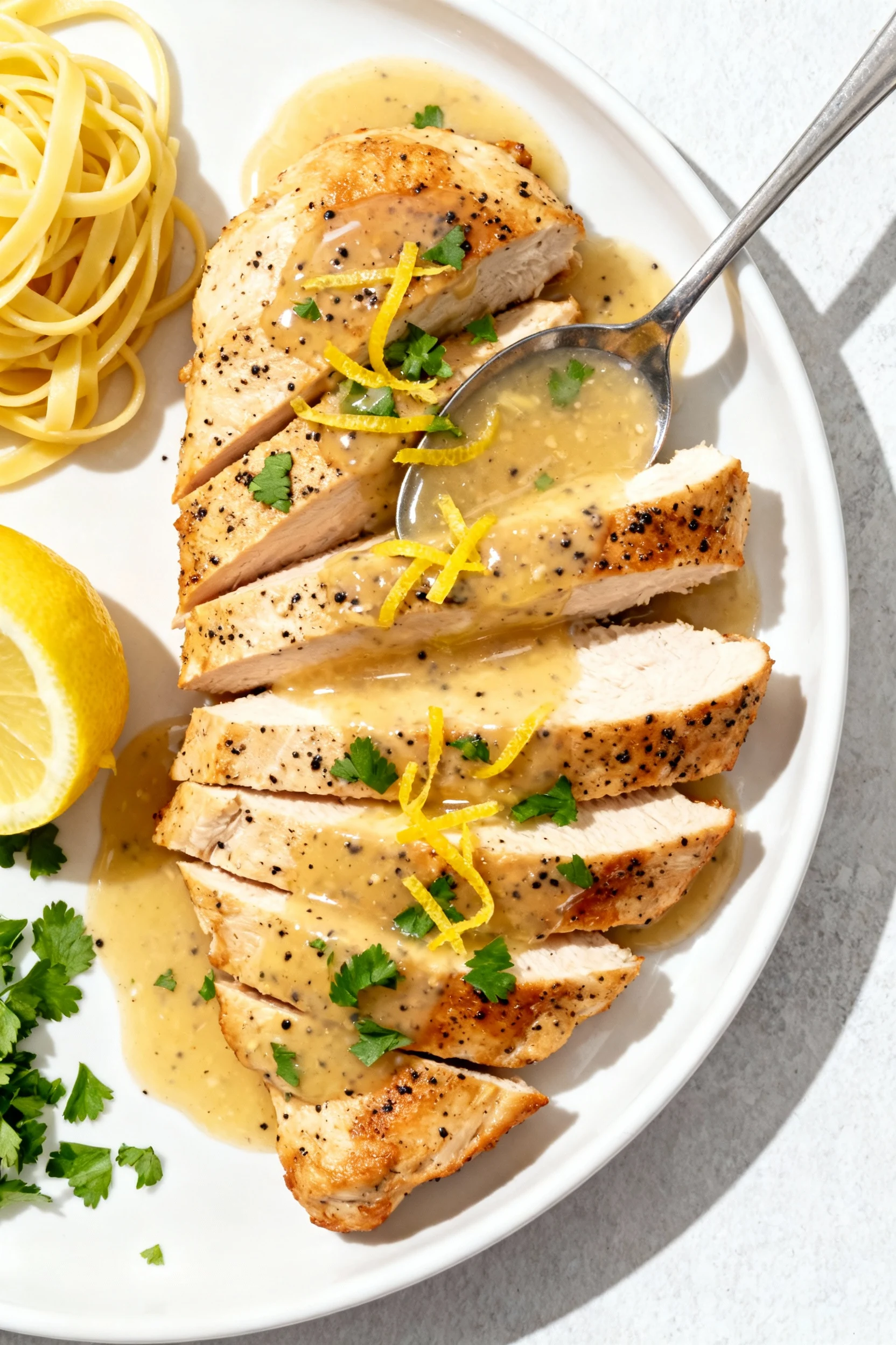 Overhead shot: Lemon‑Pepper Butter chicken cutlets sliced and fanned on a white plate, spooned with glossy pan sauce, le
