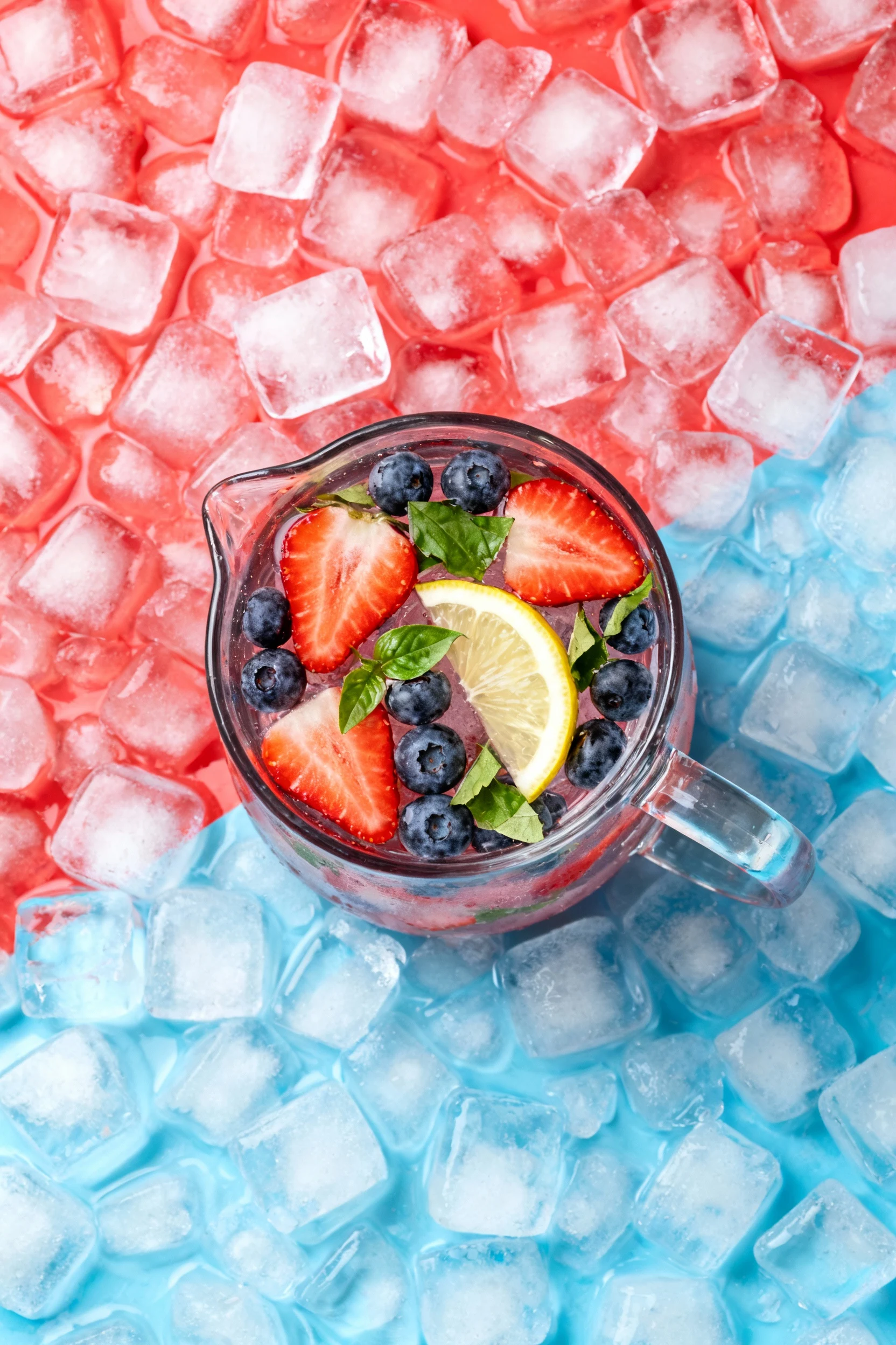 Overhead shot of Berry Basil Glow in a glass pitcher: sliced strawberries, blueberries, torn basil, one thin lemon slice