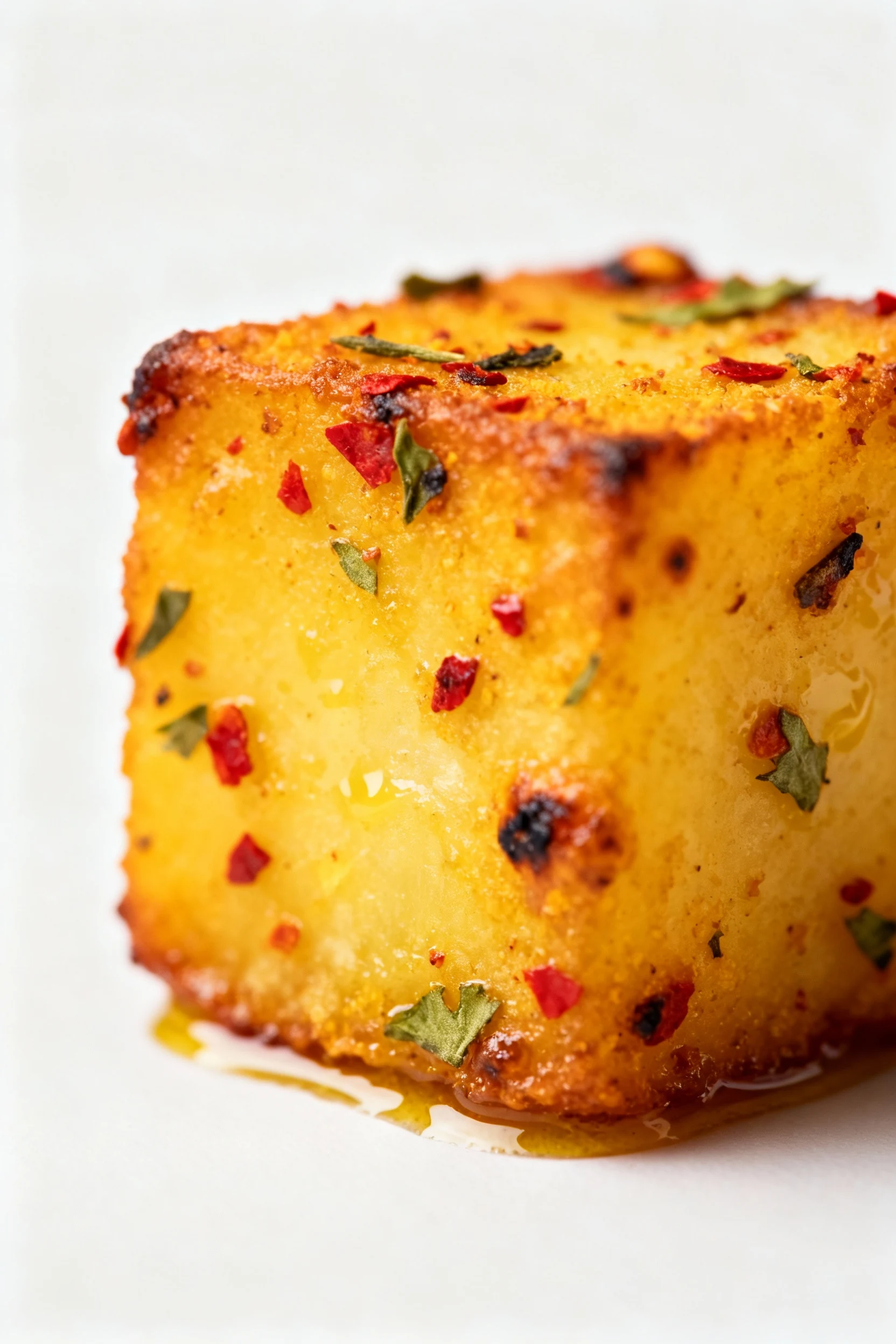 Close-up detail: extreme close-up of a crispy potato cube—turmeric-golden crust dusted with Kashmiri red chili and coria