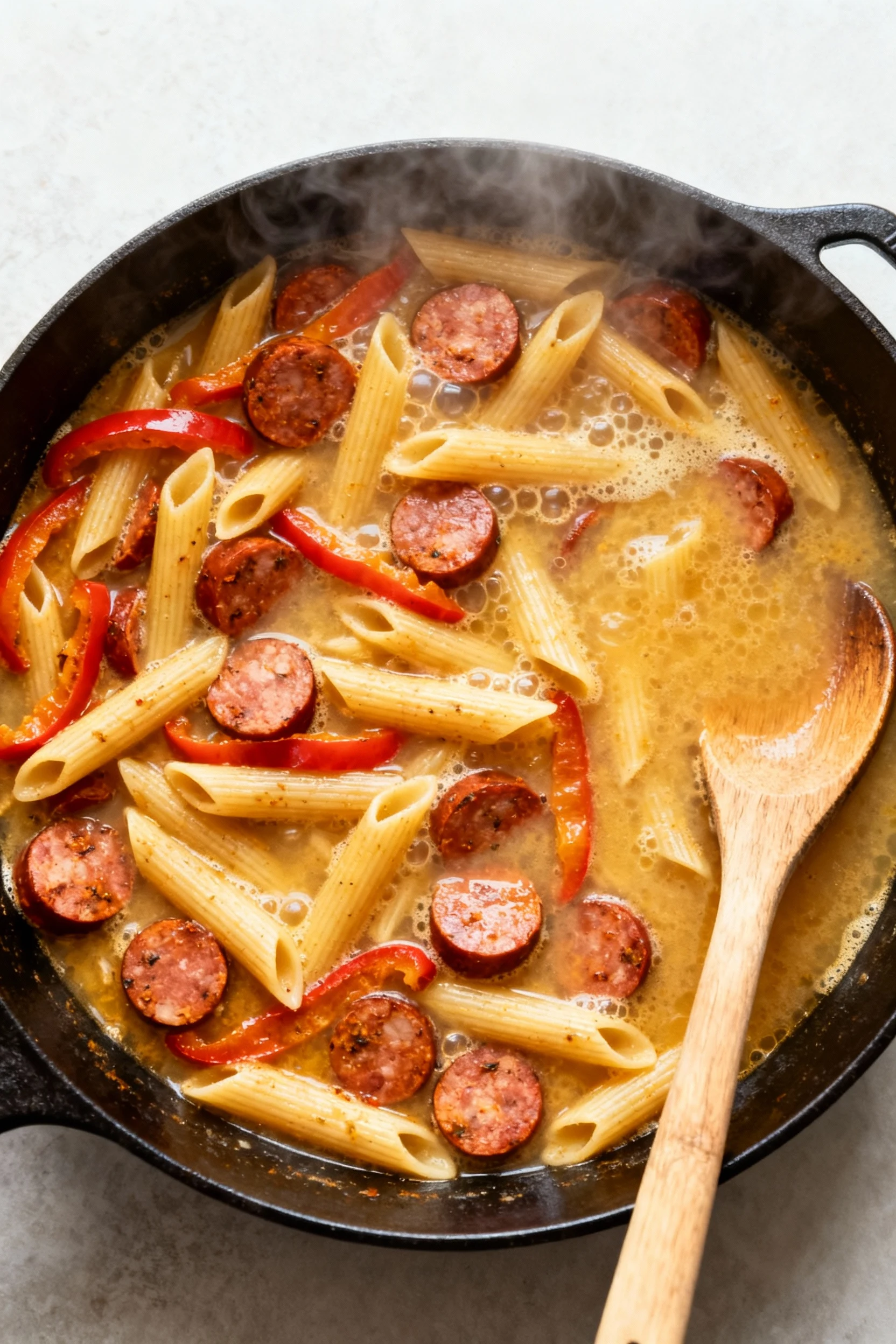 Overhead cooking shot: one-pan Cajun andouille pasta simmering in chicken broth—penne, sausage rounds, and pepper strips