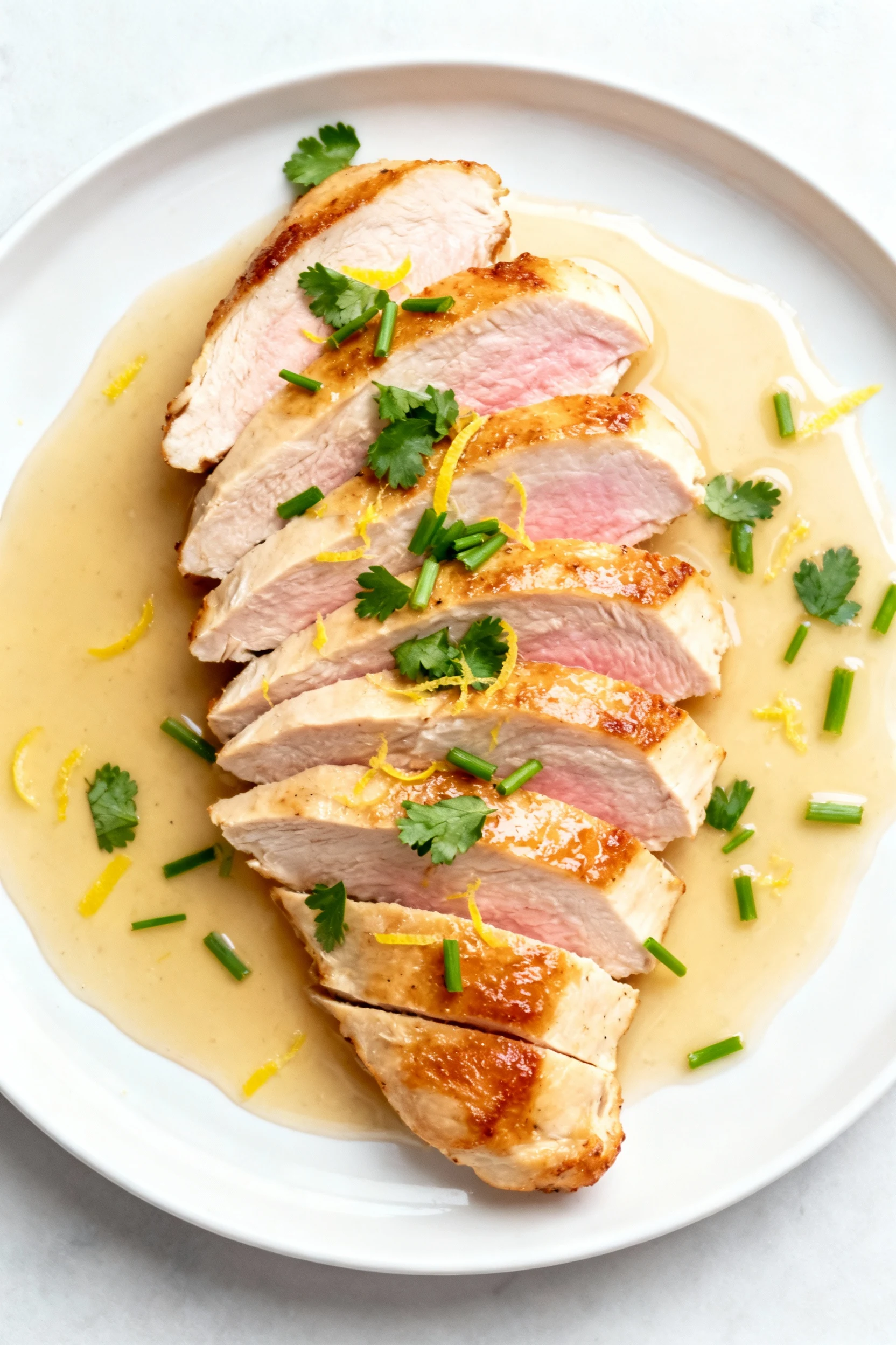 Overhead final: juicy sliced chicken fanned on a white plate, glossy pan sauce, chopped parsley and chives with lemon ze