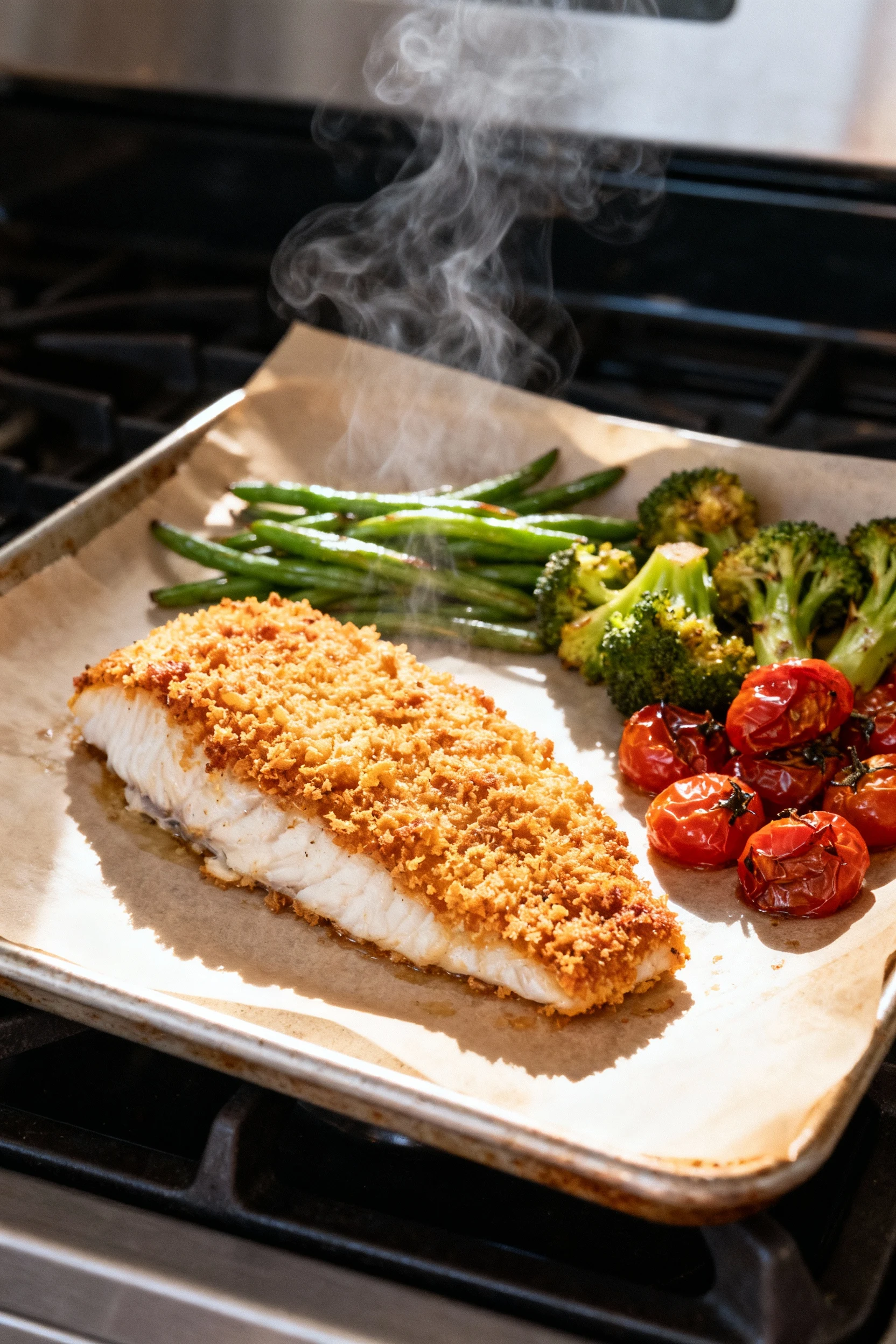 Just-out-of-the-oven sheet pan: panko-crusted white fish resting after a brief broil, crust deep golden and crackly, roa