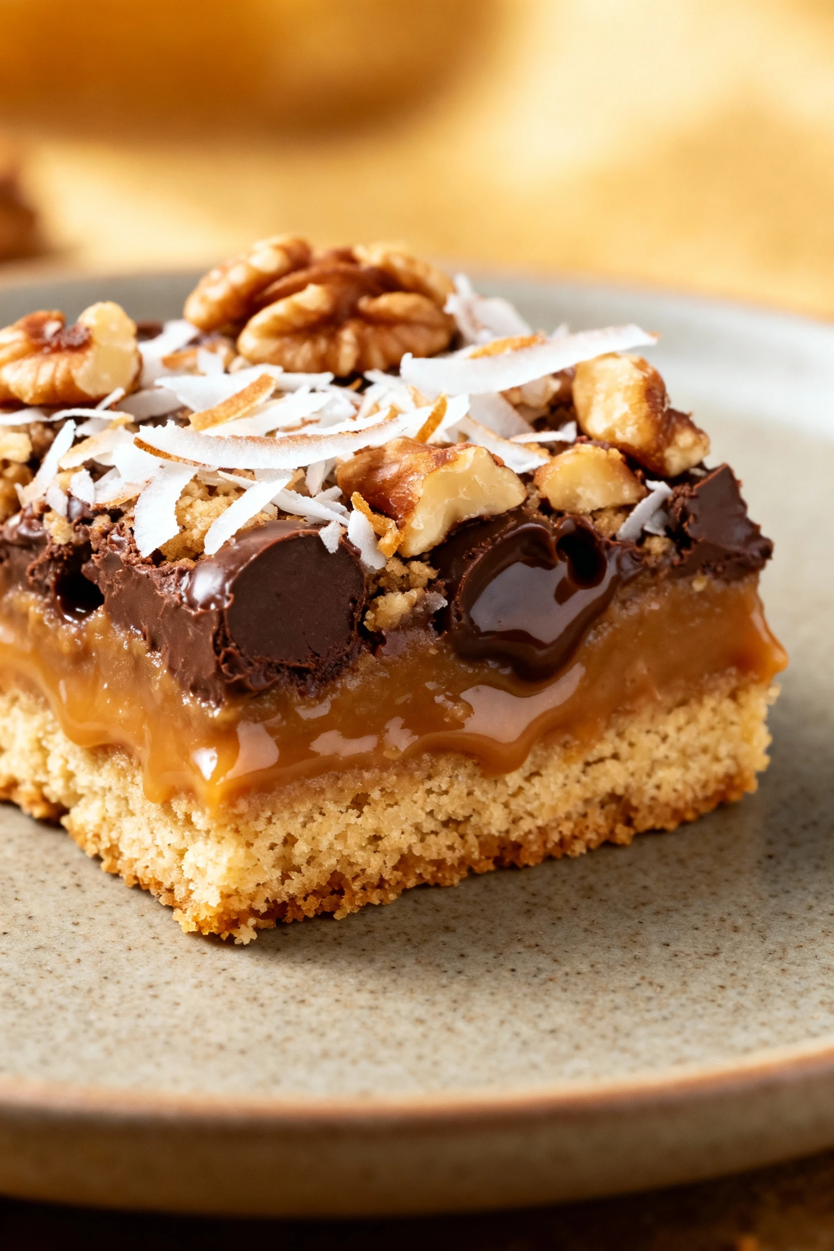 Extreme close-up of a single Magic Cookie Bar slice showing distinct layers: tightly packed buttery graham crust, fudgy 