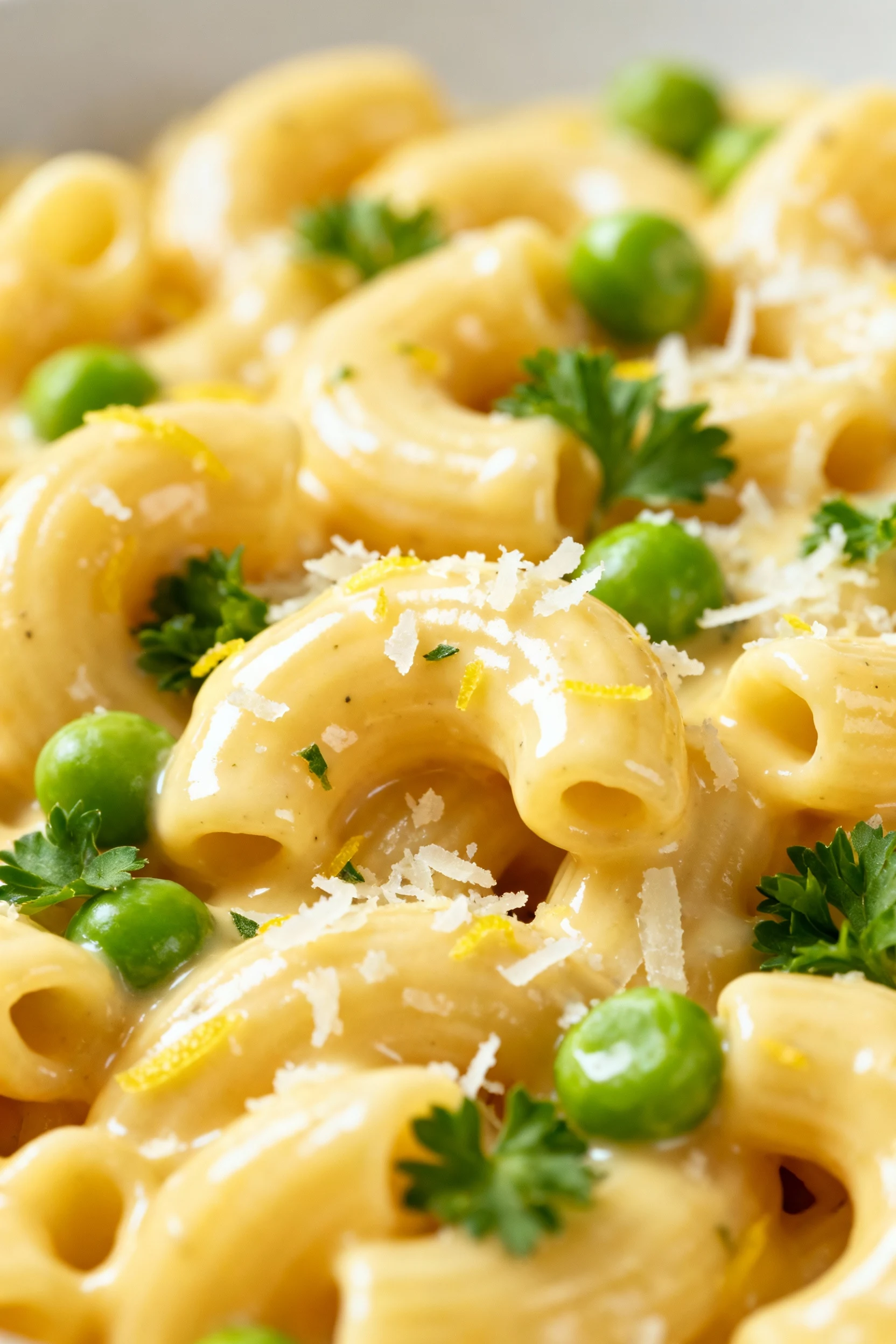 2. Close-up detail: Macro of elbow macaroni cloaked in silky garlic-Parmesan-cheddar sauce, ultra-glossy melt with tiny 