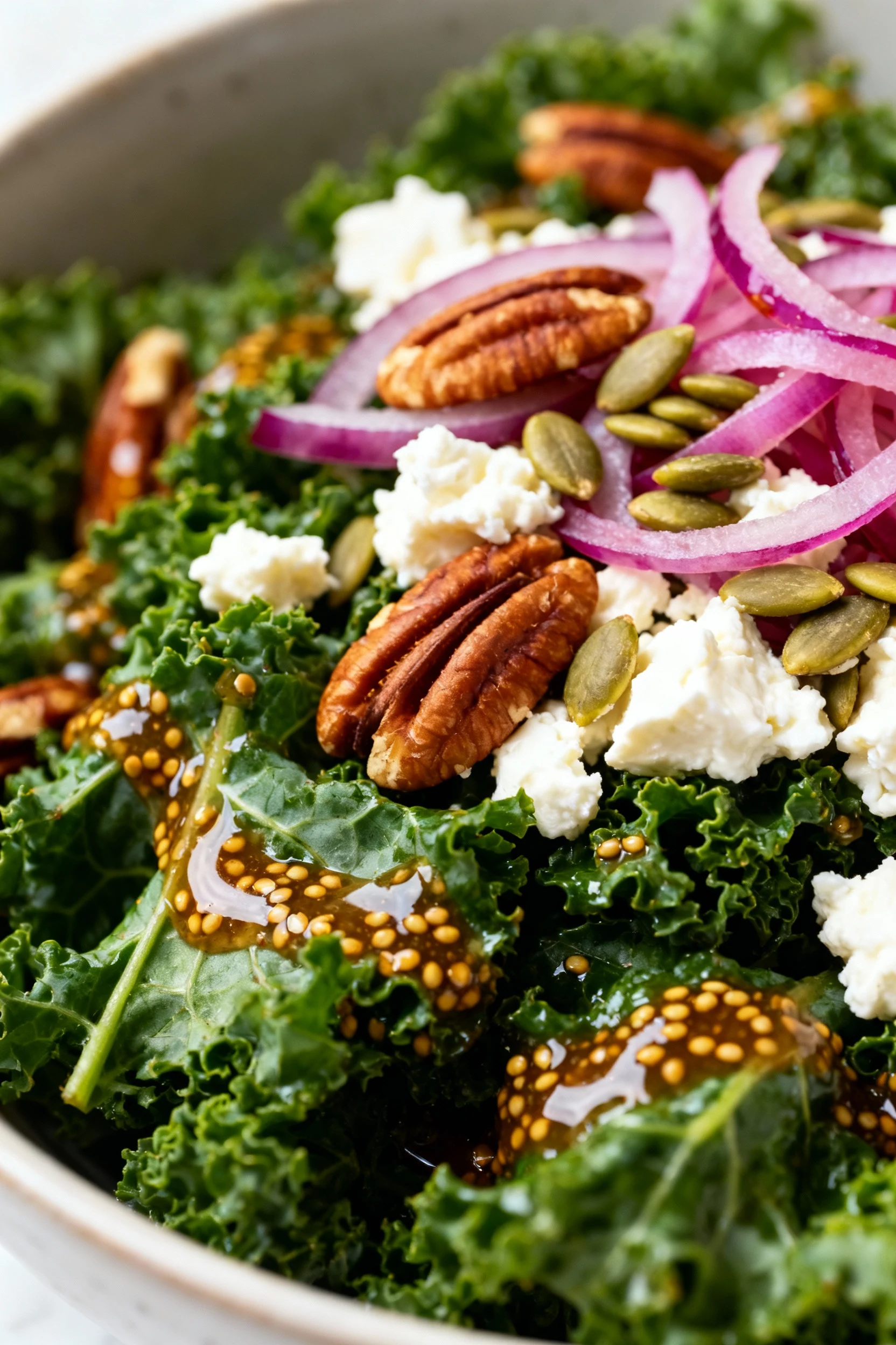 Close-up detail: massaged kale in a bowl coated with glossy maple-Dijon vinaigrette (mustard seed flecks visible), toppe