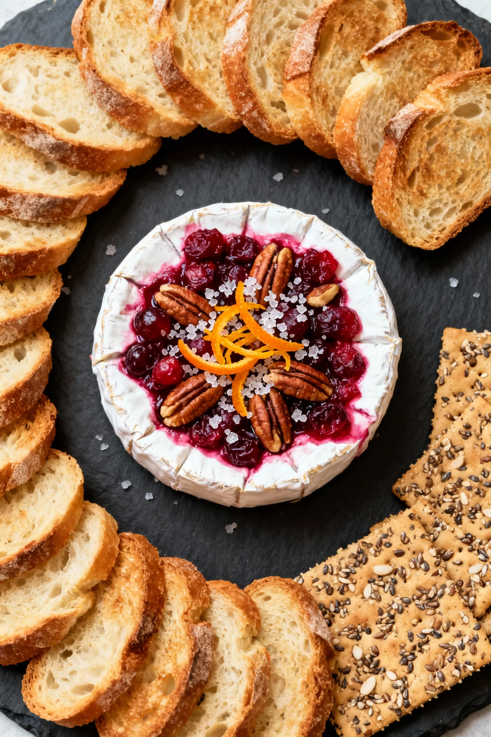 Overhead shot of cranberry-pecan baked Brie finished with orange zest and a pinch of flaky salt, surrounded by neatly ar