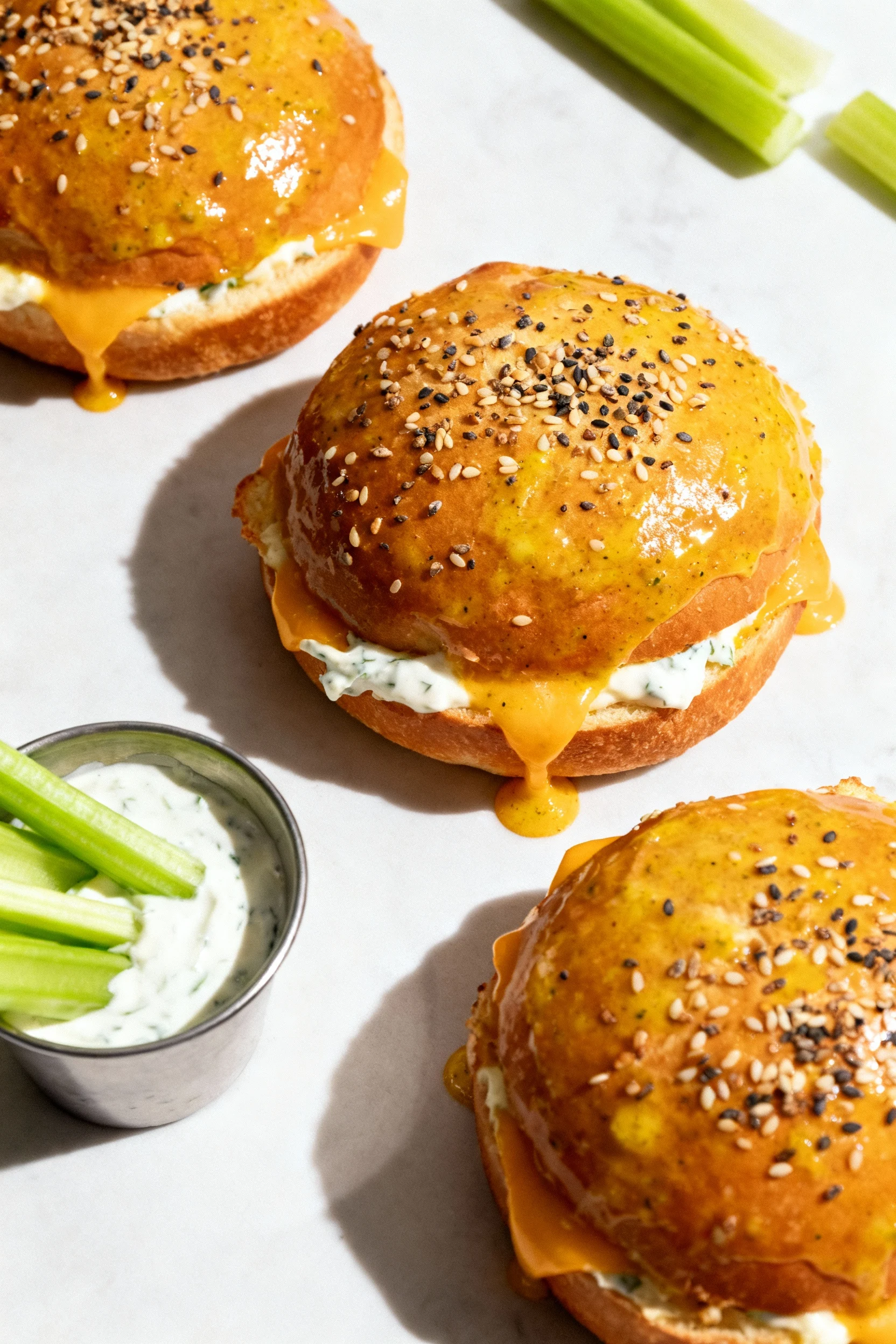 Overhead shot of baked buffalo chicken sliders: shiny-golden butter–Dijon glazed tops with everything bagel seasoning, m
