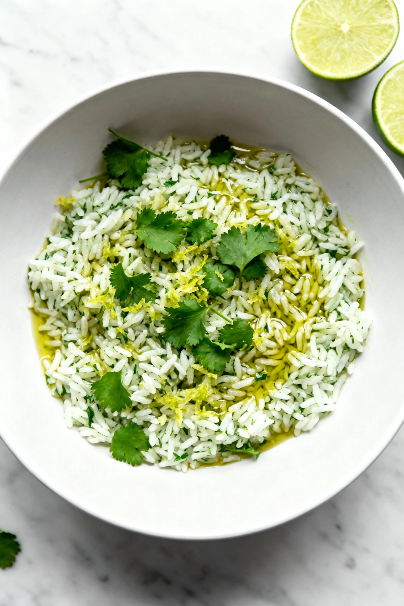 Overhead shot of cilantro-lime rice in a wide white bowl: bright green cilantro and lime zest scattered, olive oil sheen