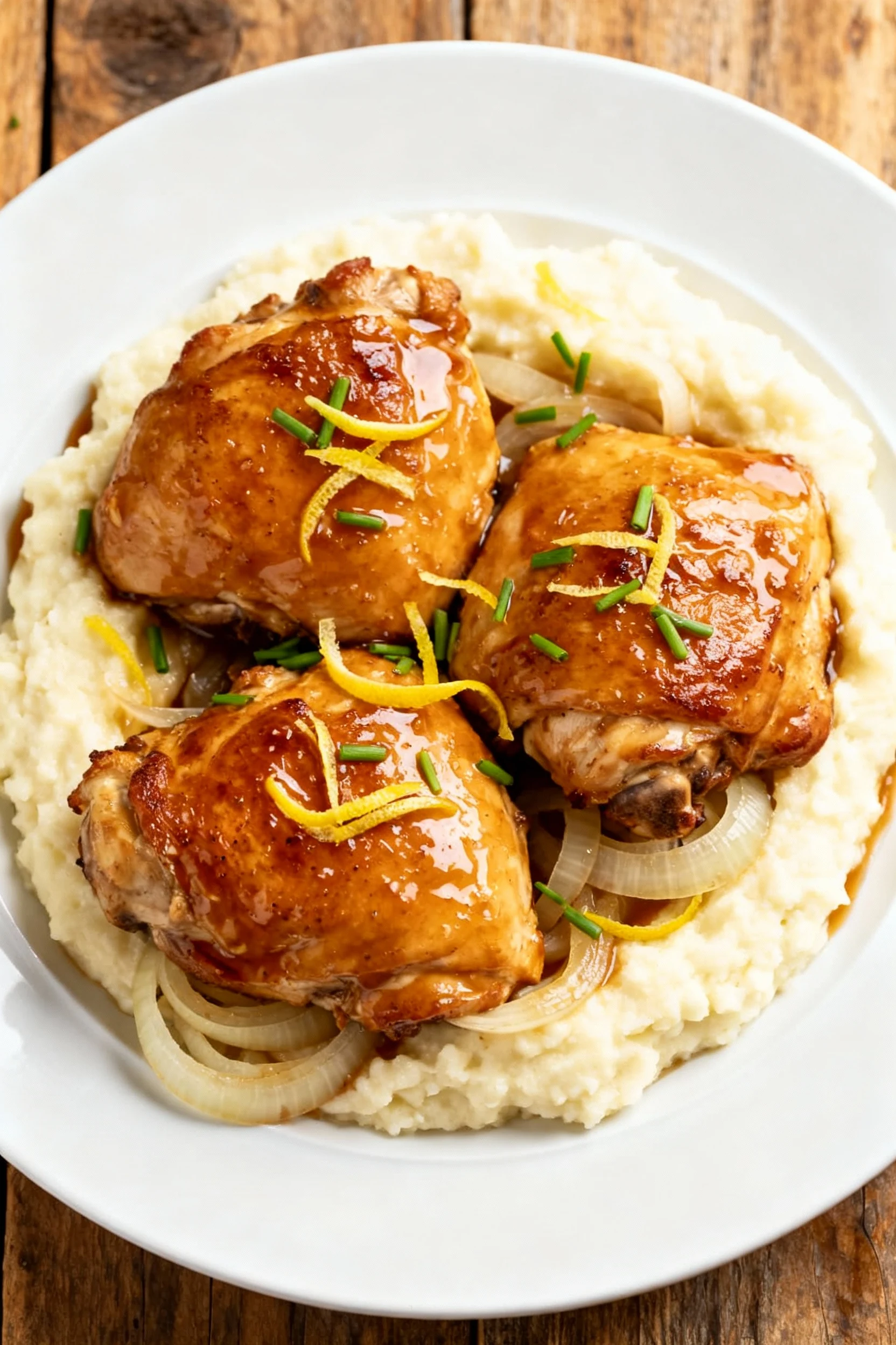 Beautifully plated slow-cooker chicken thighs glazed in glossy honey-garlic lemon sauce over creamy mashed potatoes, sof