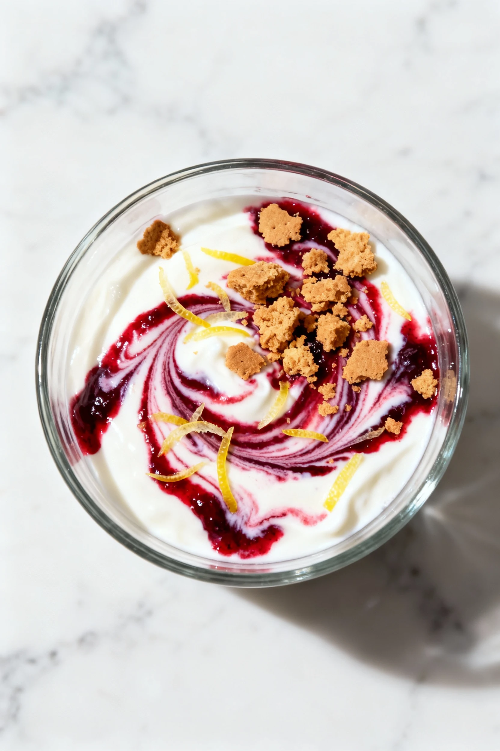 Tasty top view: Overhead shot of Greek yogurt berry fool in clear glasses, showing marbled swirls of deep red berry comp