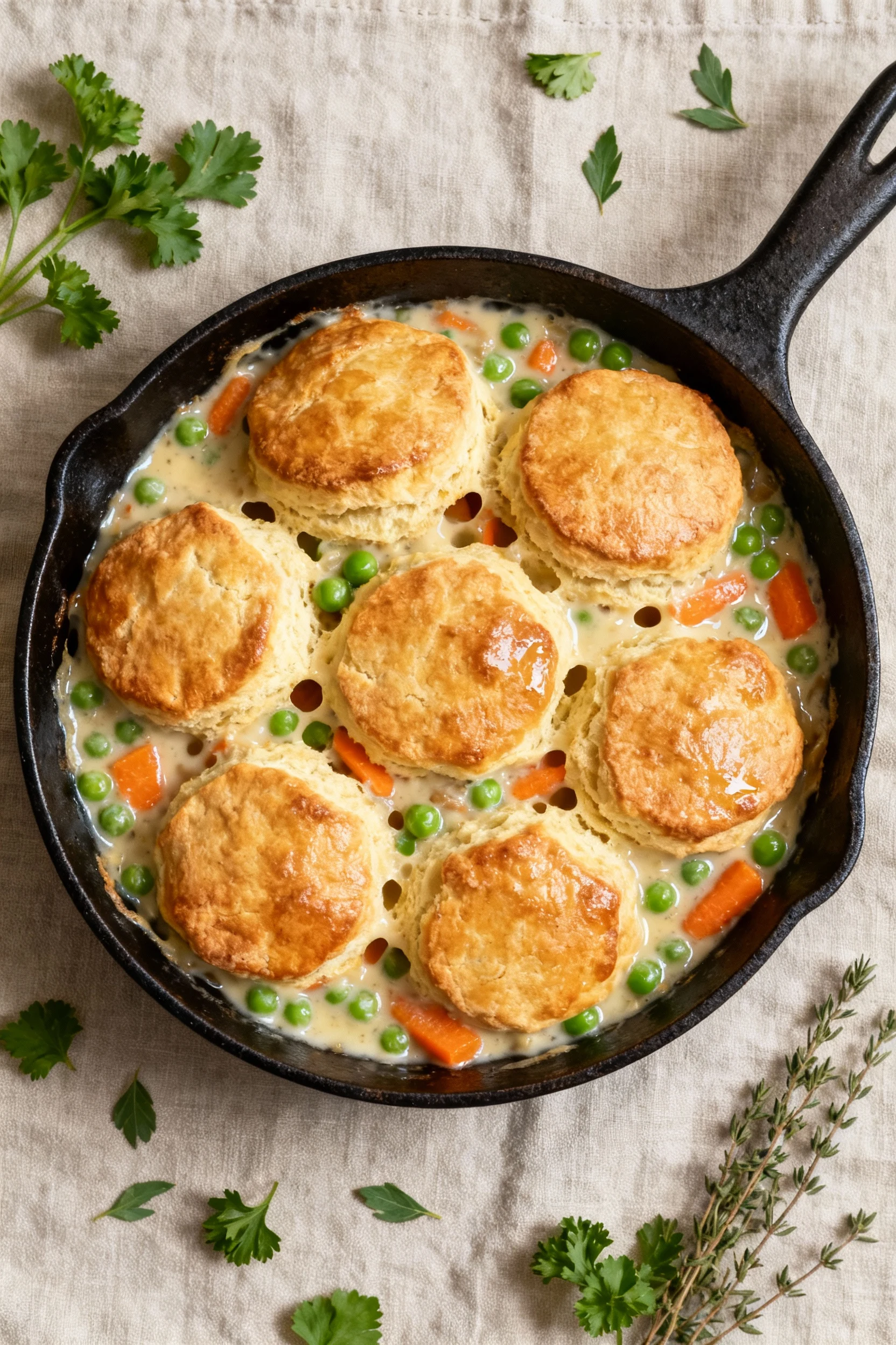 Overhead shot of finished Skillet Chicken Pot Pie: deep-golden buttermilk biscuits baked atop bubbling creamy filling pe