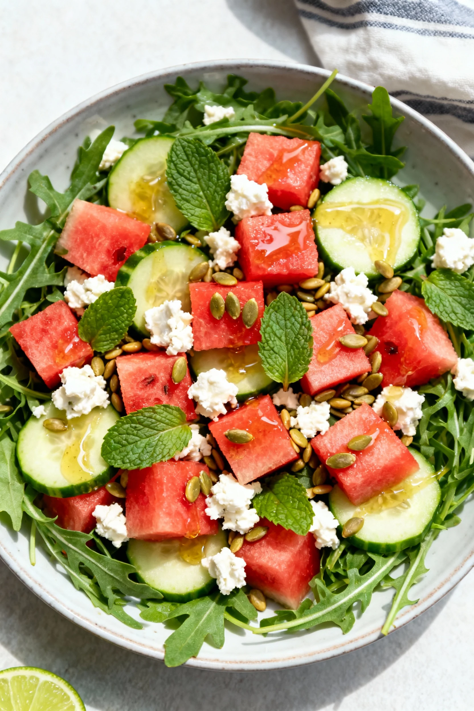 Overhead shot of Watermelon Feta Mint salad: chilled arugula topped with chilled watermelon cubes, cucumber slices, feta