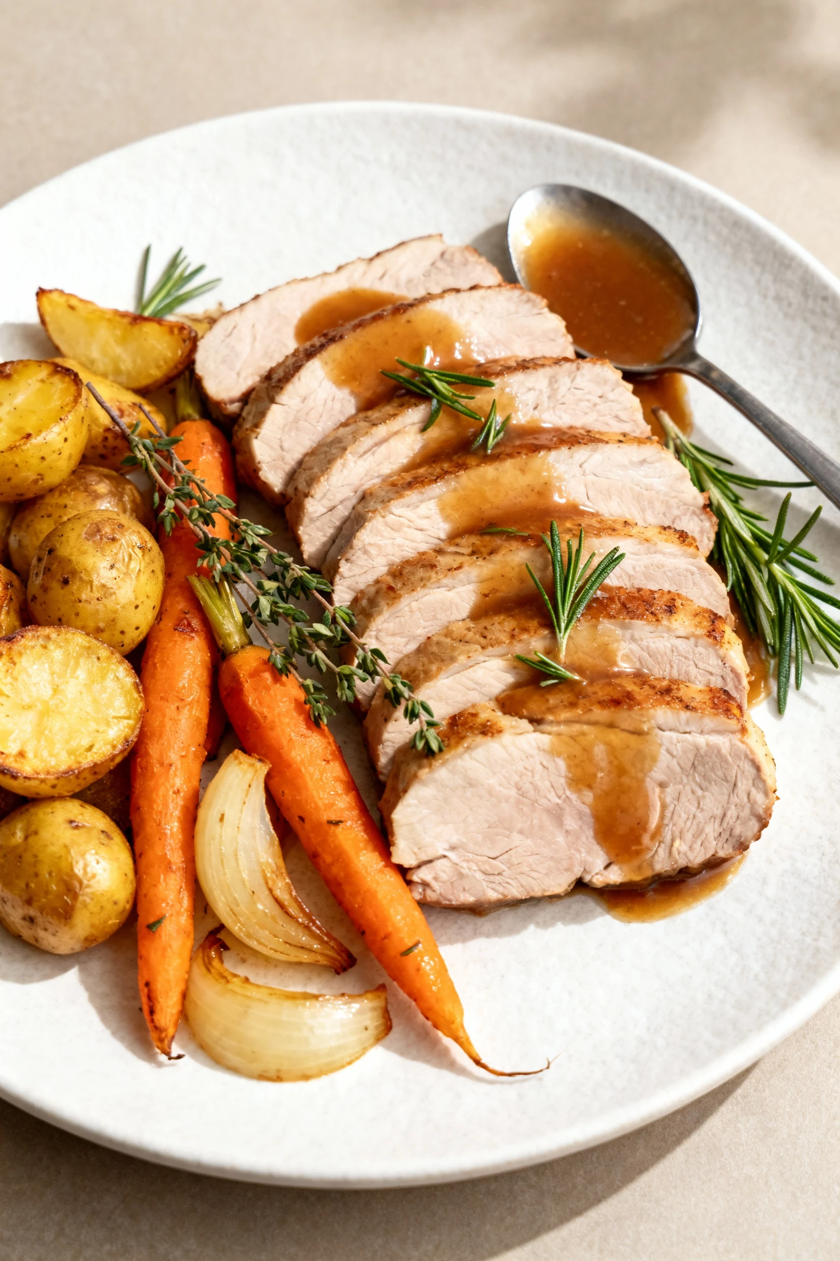 2. Beautifully plated pork loin, fanned 1/2-inch slices on a matte white plate with roasted baby potatoes, carrots, and 