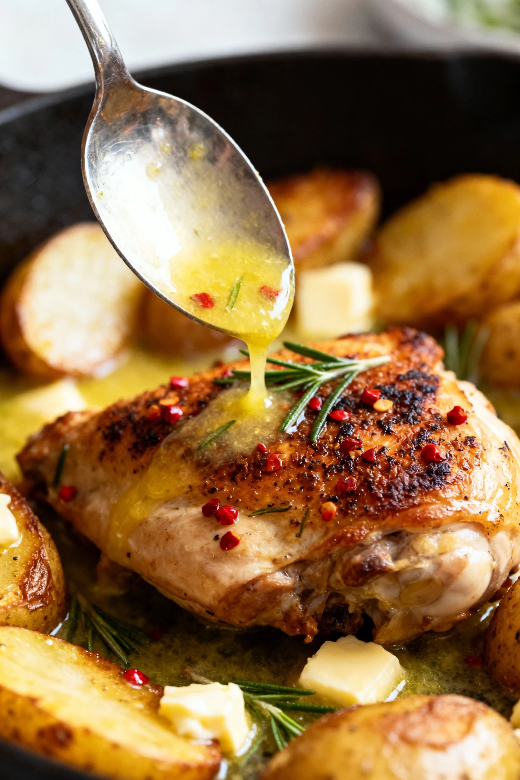 Close-up detail: glossy lemon-butter pan sauce being spooned over a rested chicken thigh, showing crackly sear, red pepp