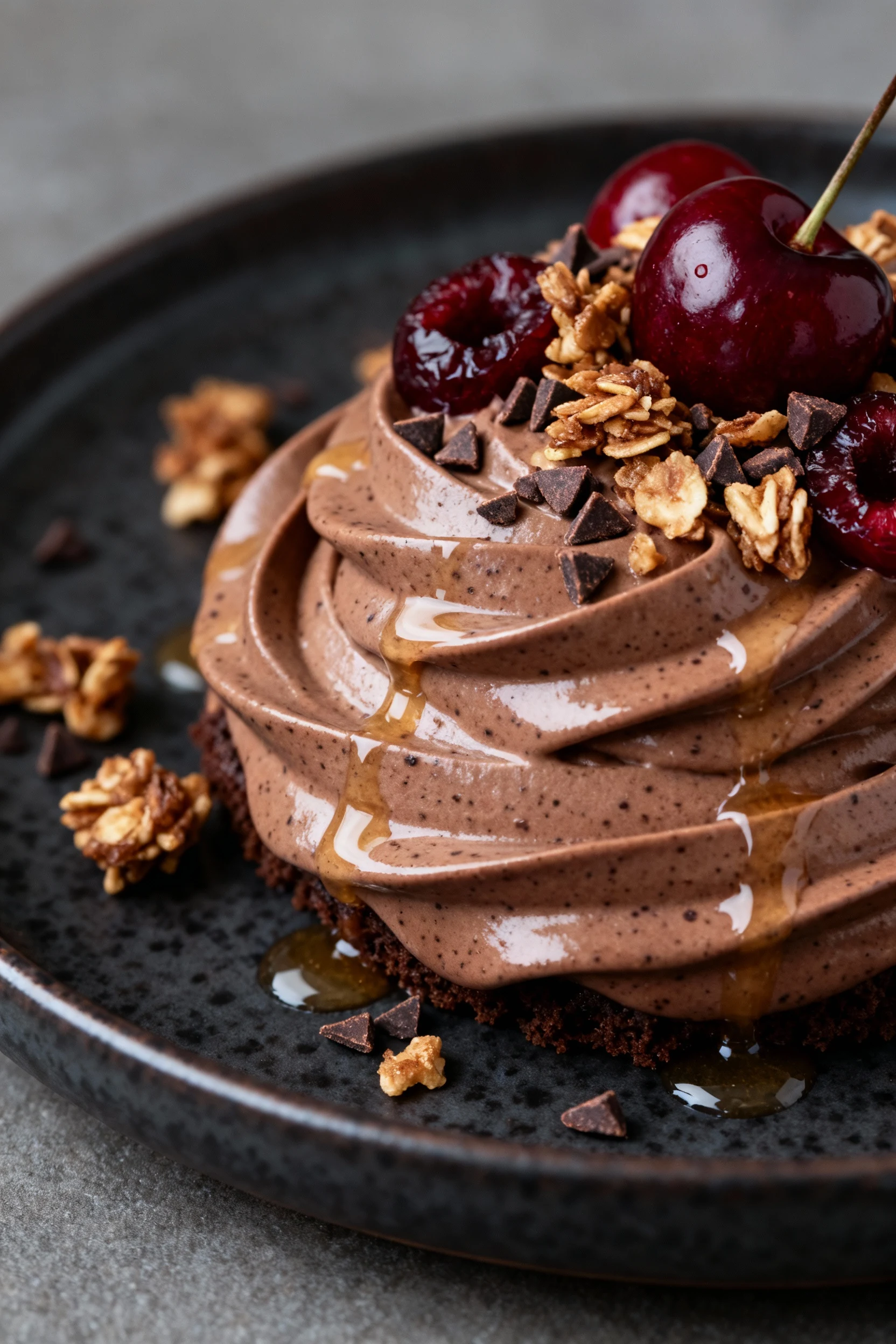 Close-up detail of a Mocha Brownie high‑protein parfait: glossy chocolate Greek yogurt swirls with fine espresso specks,