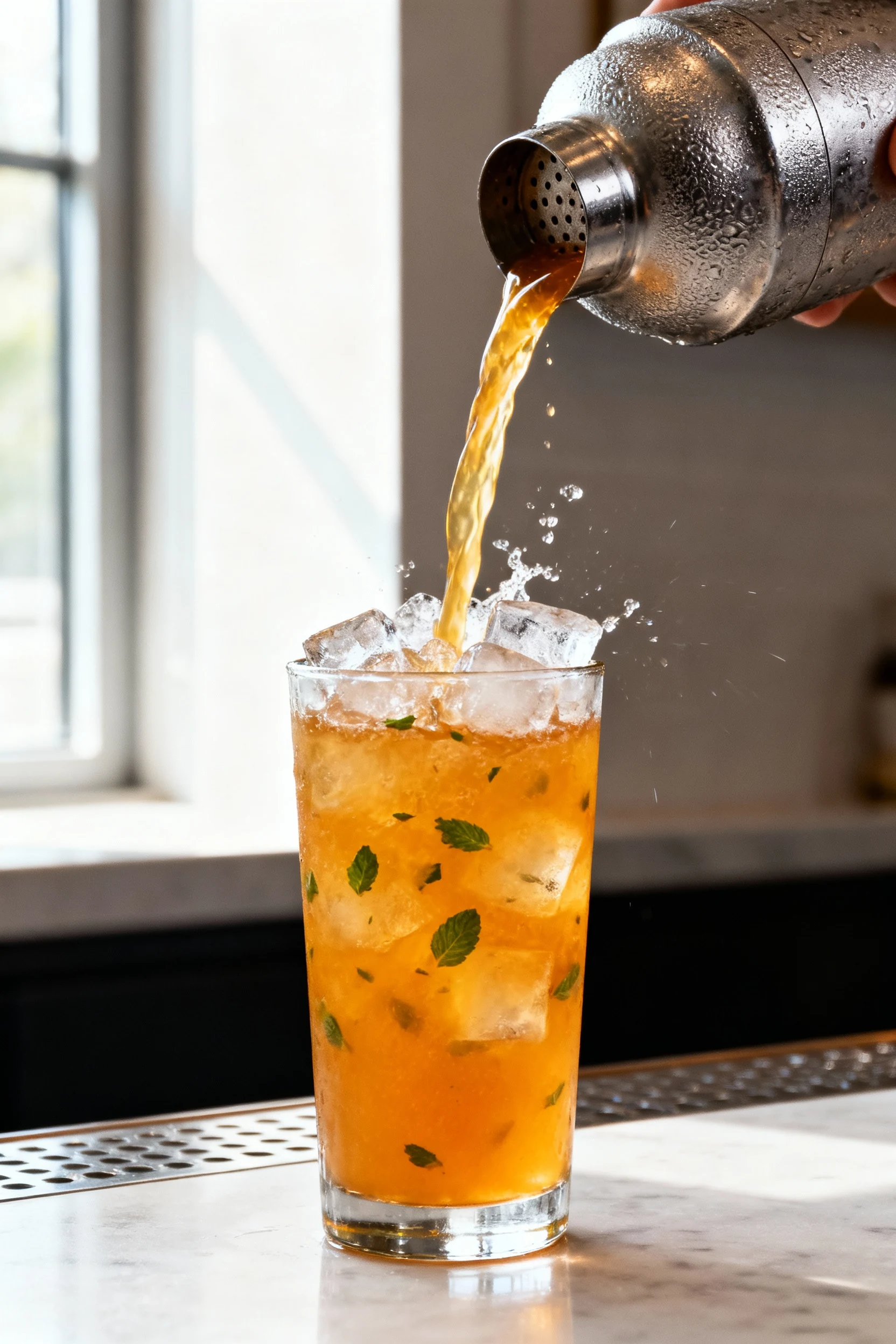 Cooking process: Frosted metal shaker fine-straining the citrus–mint base into an ice-filled tall glass, golden-orange l