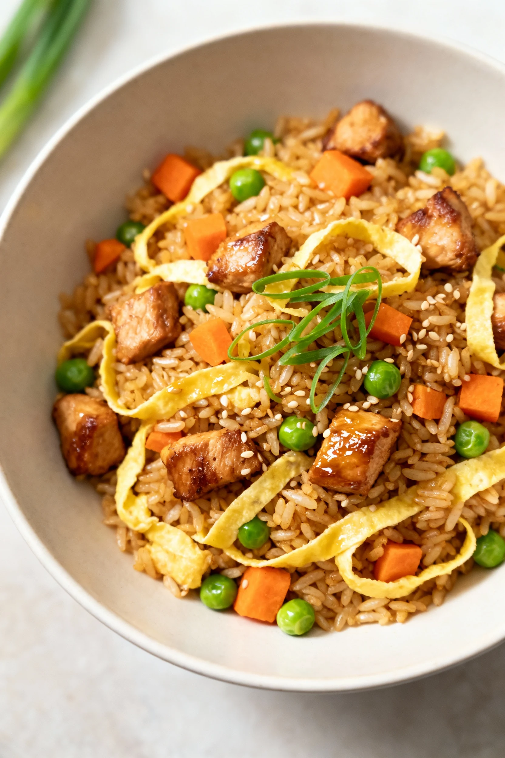 Overhead shot of hibachi chicken fried rice in a wide shallow bowl: golden, crisped rice, browned diced chicken, peas an