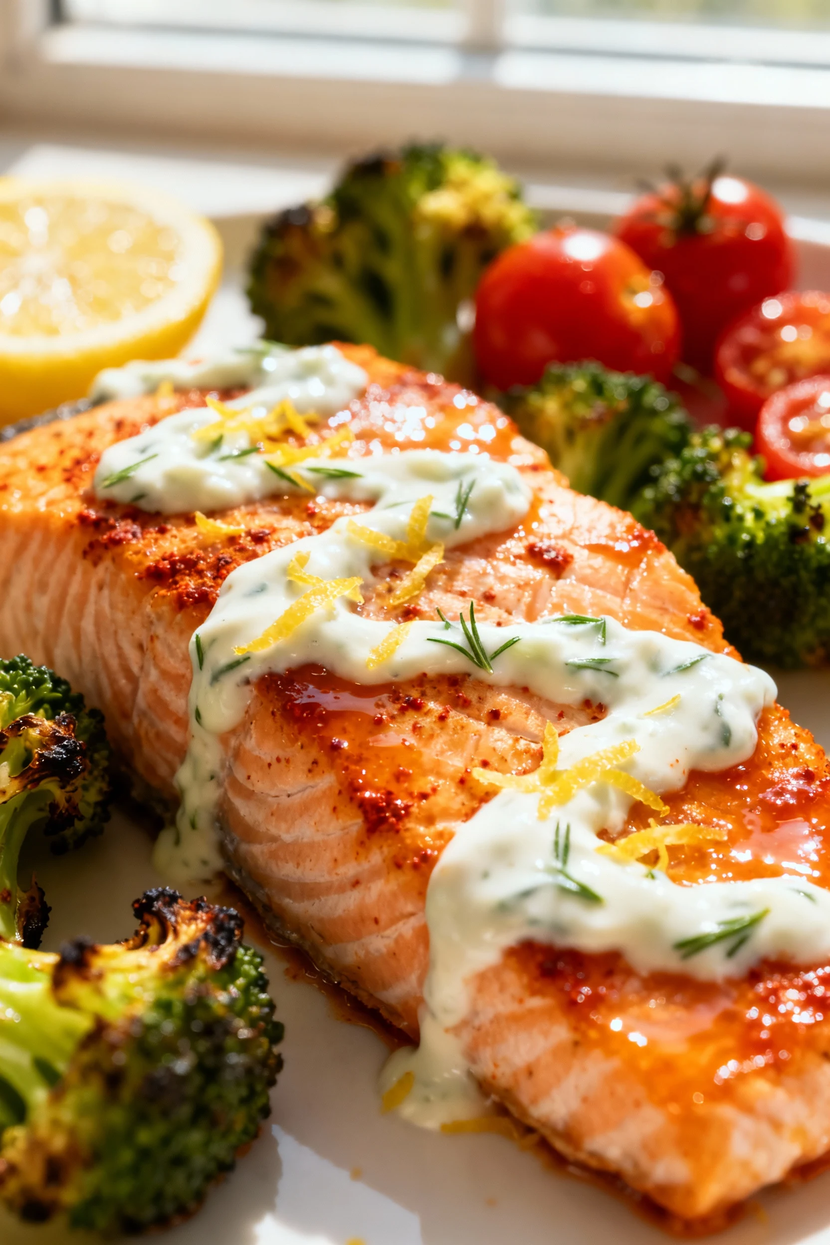 Close-up detail: flaky medium salmon with paprika-tinted citrus glaze and creamy yogurt–dill drizzle, lemon zest glisten