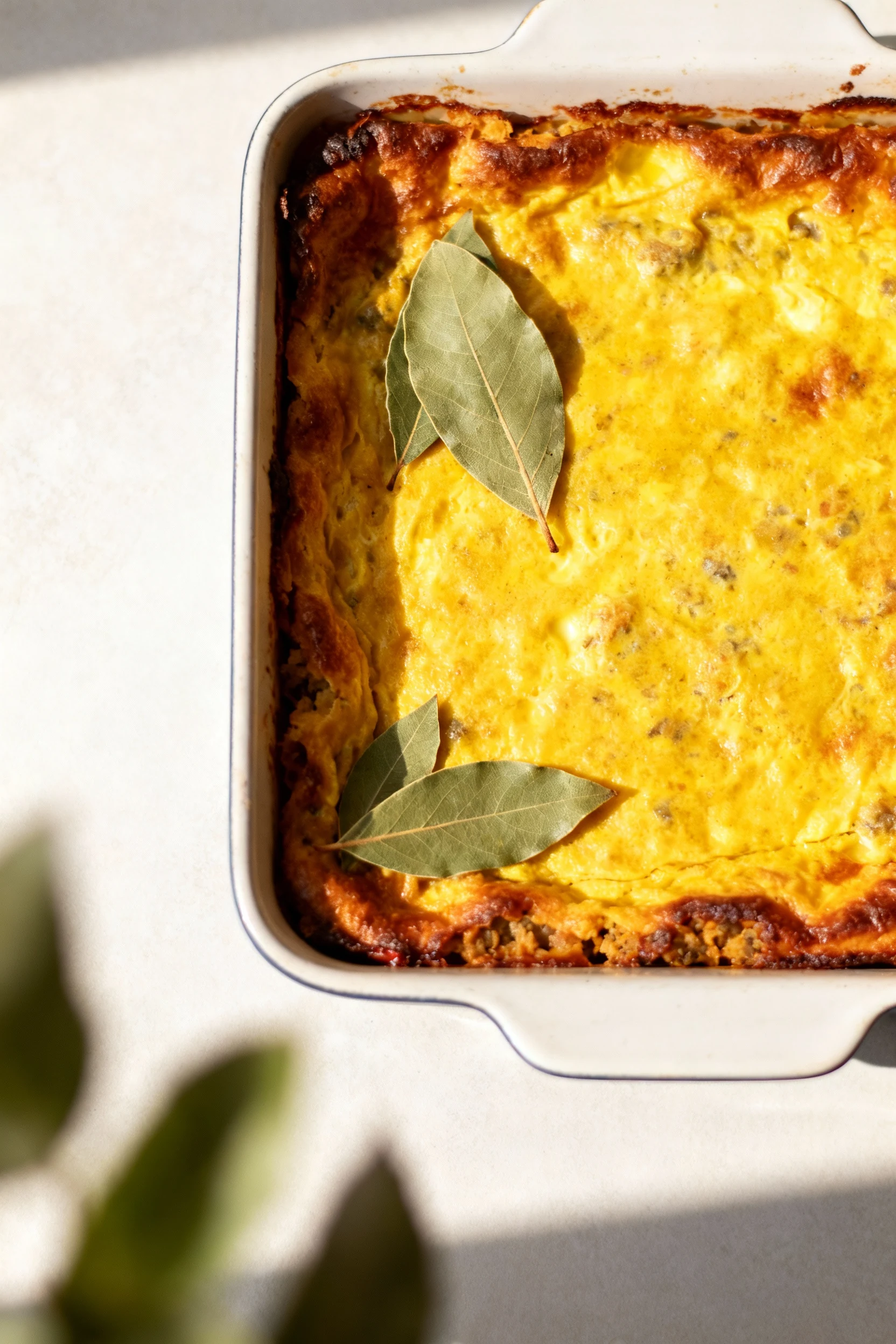 2. Tasty top view: Overhead of a 9x9 baking dish with just-baked bobotie—golden turmeric egg custard cap, lightly browne
