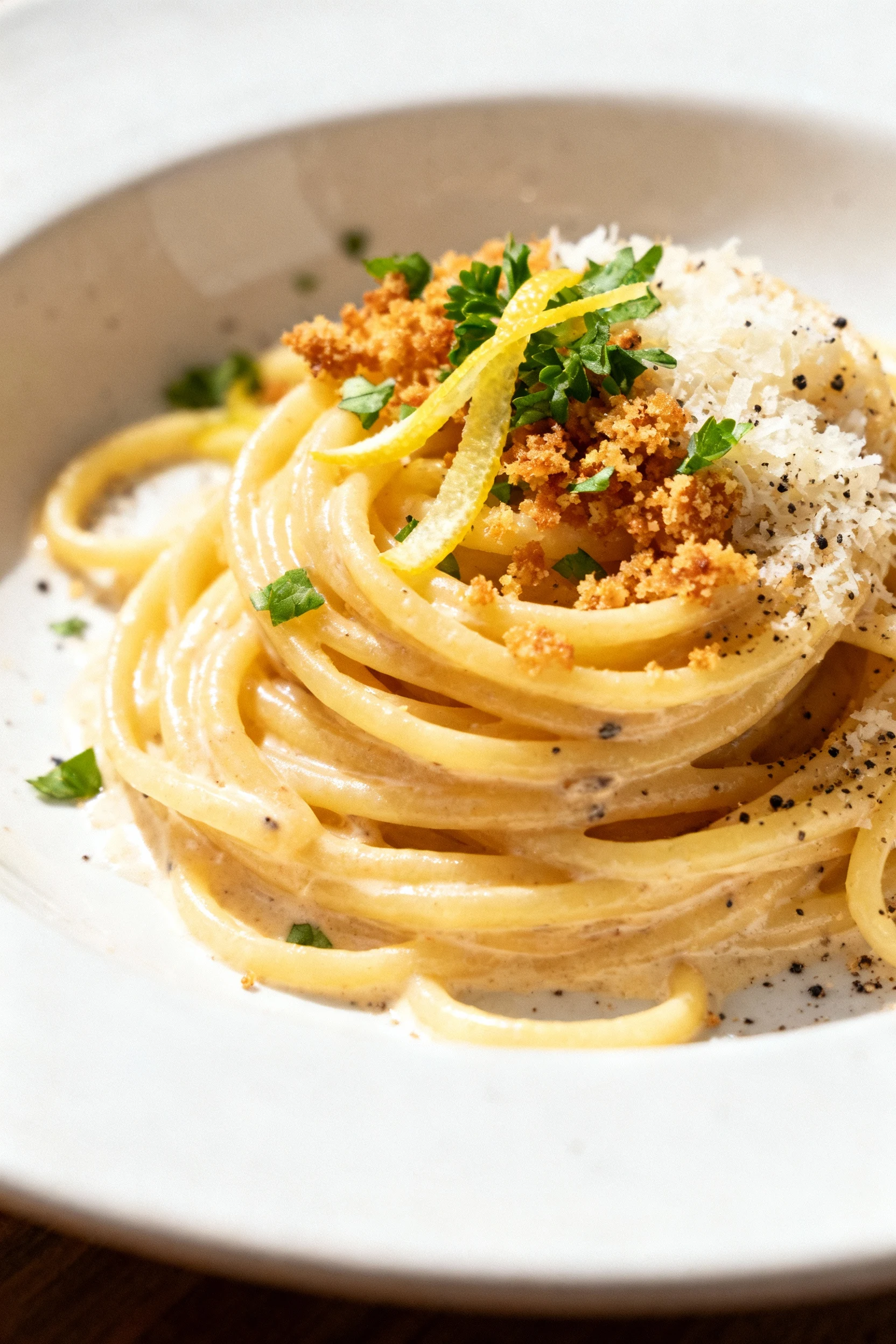 2. Beautifully plated Garlic-Butter Parmesan Pantry Pasta: twirled nest of spaghetti on a white ceramic plate, silky sau