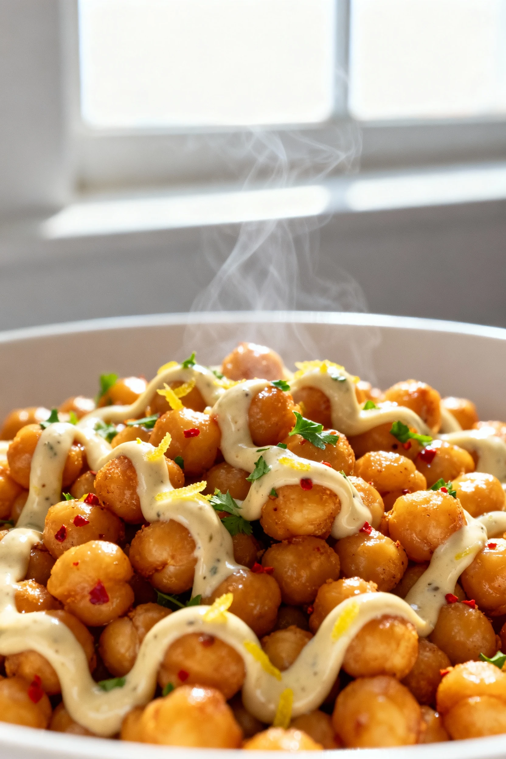 Close-up macro of glossy tahini–lemon emulsion clinging to crispy chickpeas off-heat, ribbons of sauce with lemon zest s