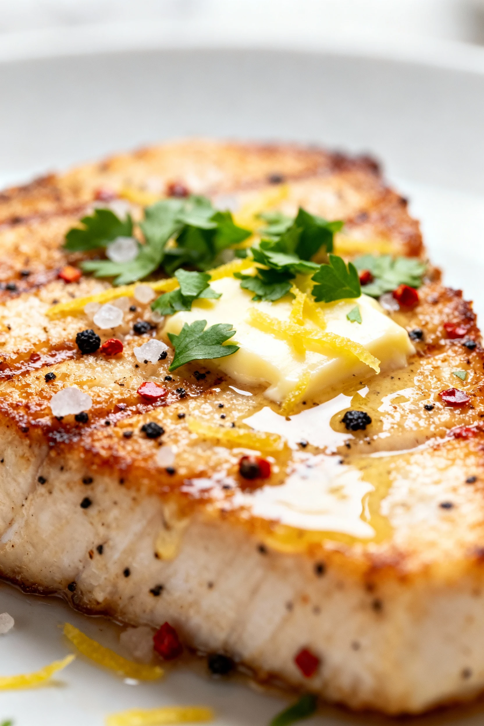 Extreme close-up of seared swordfish showing crackly golden-brown crust with flecks of black pepper, red pepper flakes,