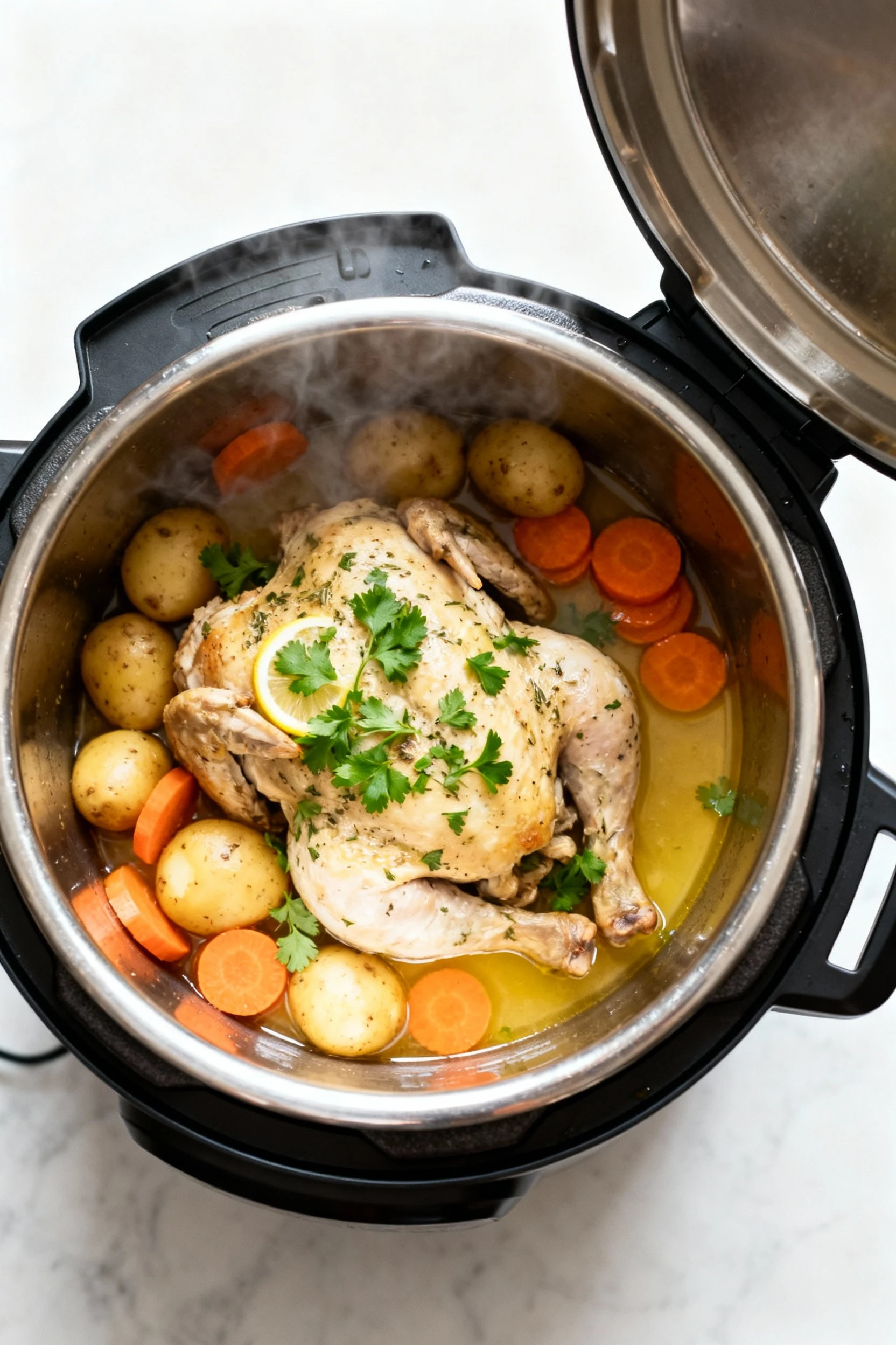 Overhead shot of finished lemon-herb chicken with baby potatoes and carrot coins in the open pressure cooker, parsley sp