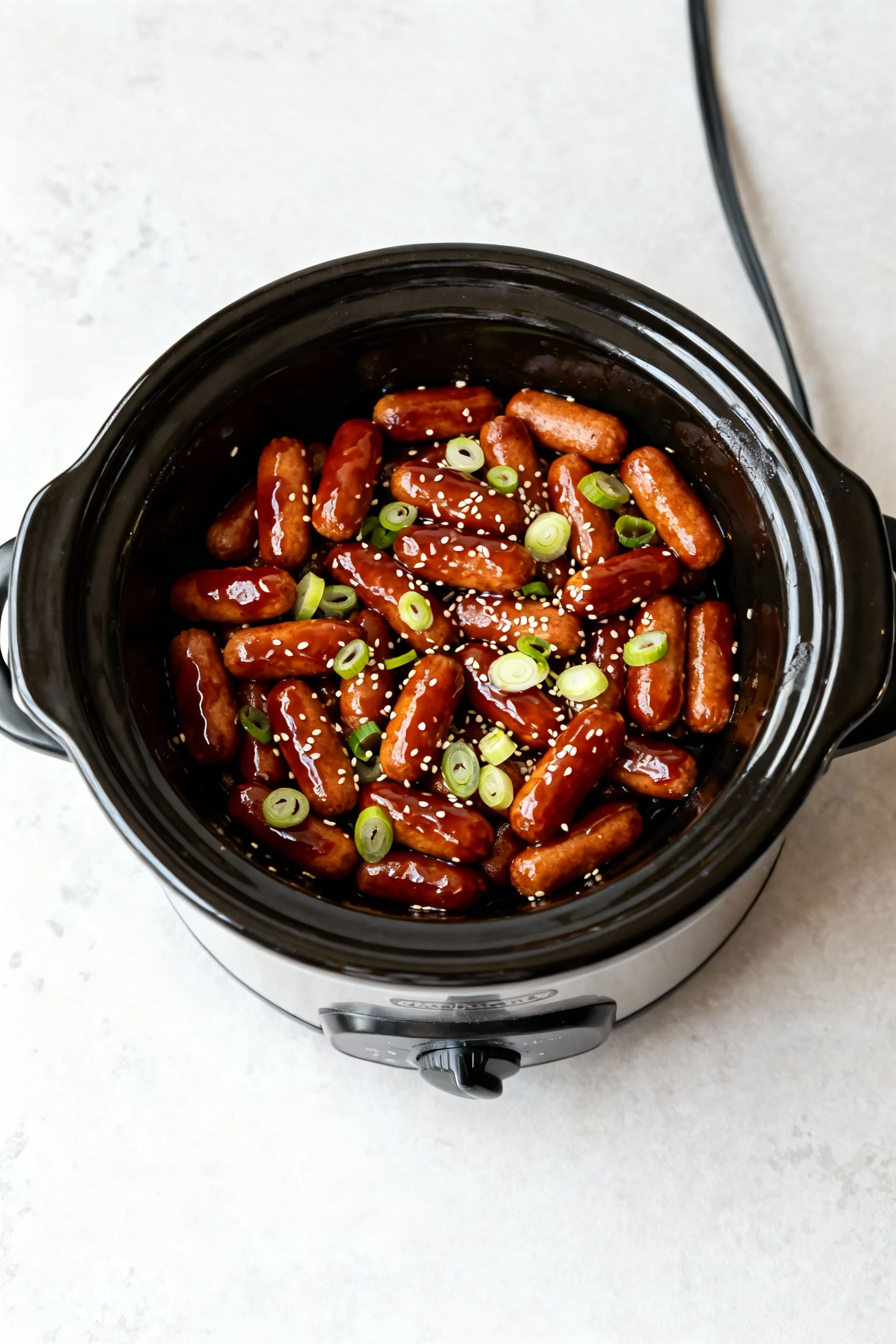 2. Overhead shot of Honey Garlic Little Smokies in a slow cooker set to Warm, mahogany glaze pooling and clinging, sprin