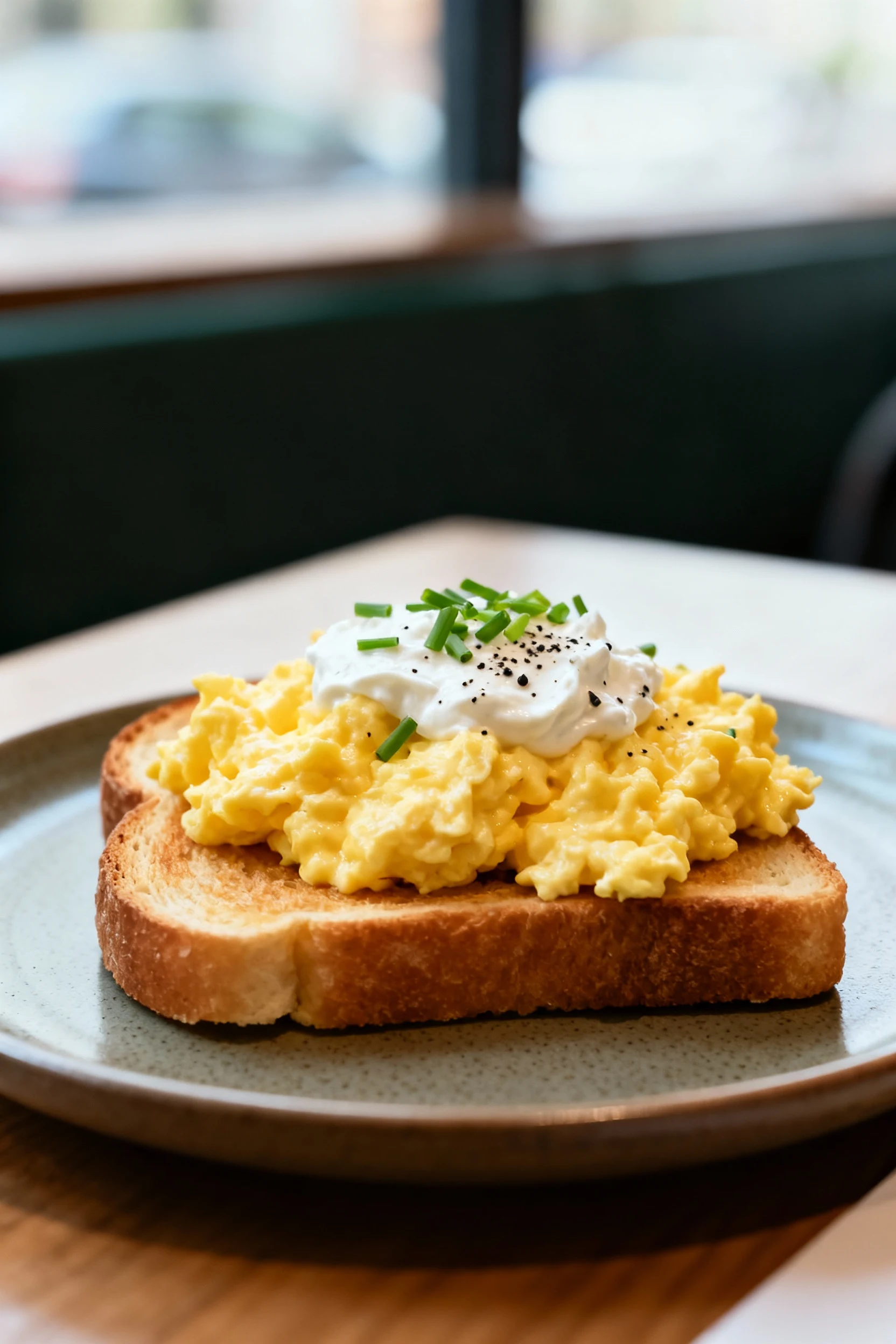 2. Final dish: ultra-creamy French-style scrambled eggs spooned onto warm buttered toast, finished with crème fraîche, c
